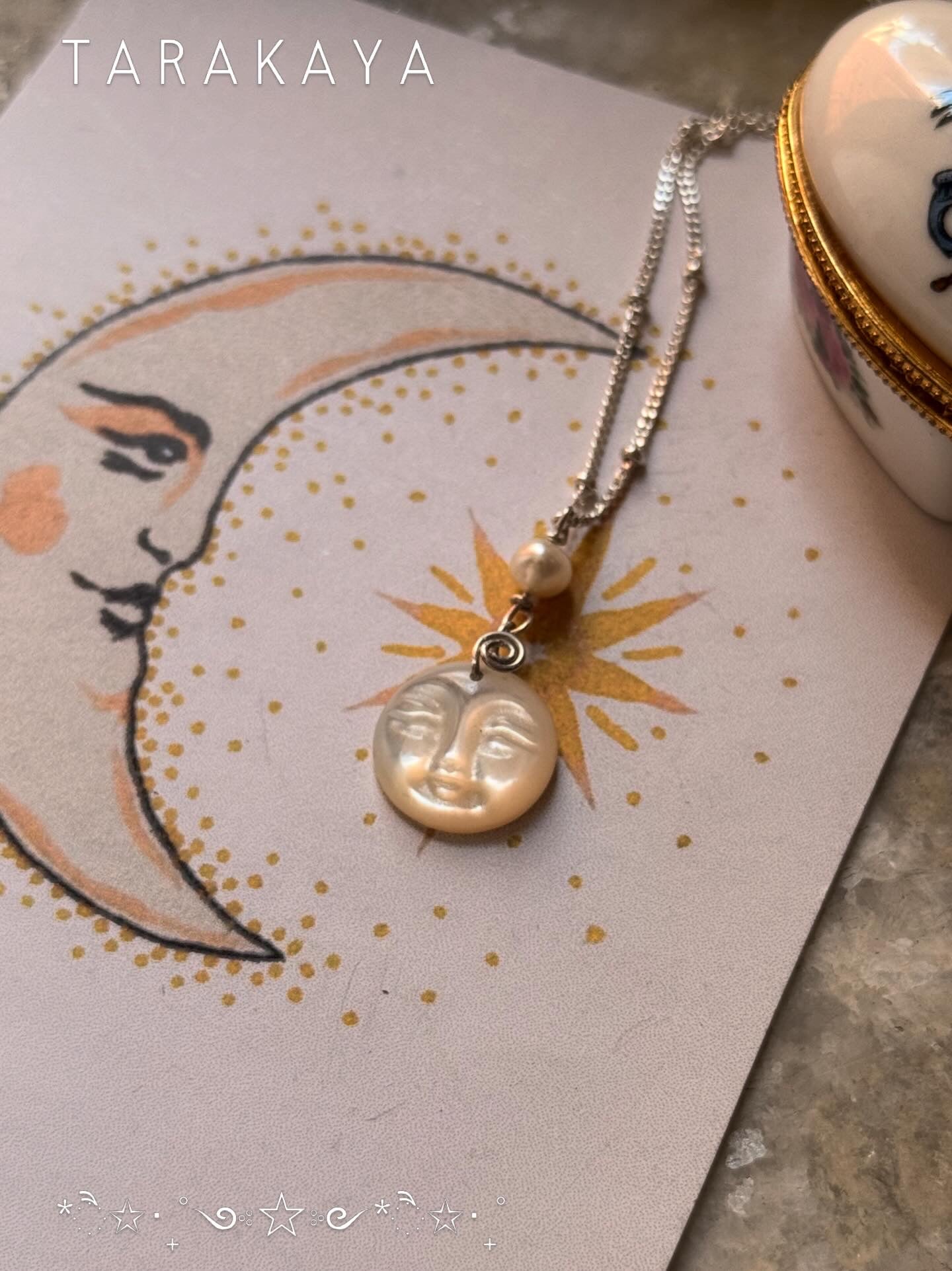 925 Sterling Silver Mother of Pearl Moon Face, Fresh Water Pearl Spiral Cable Dot Handcrafted Necklace