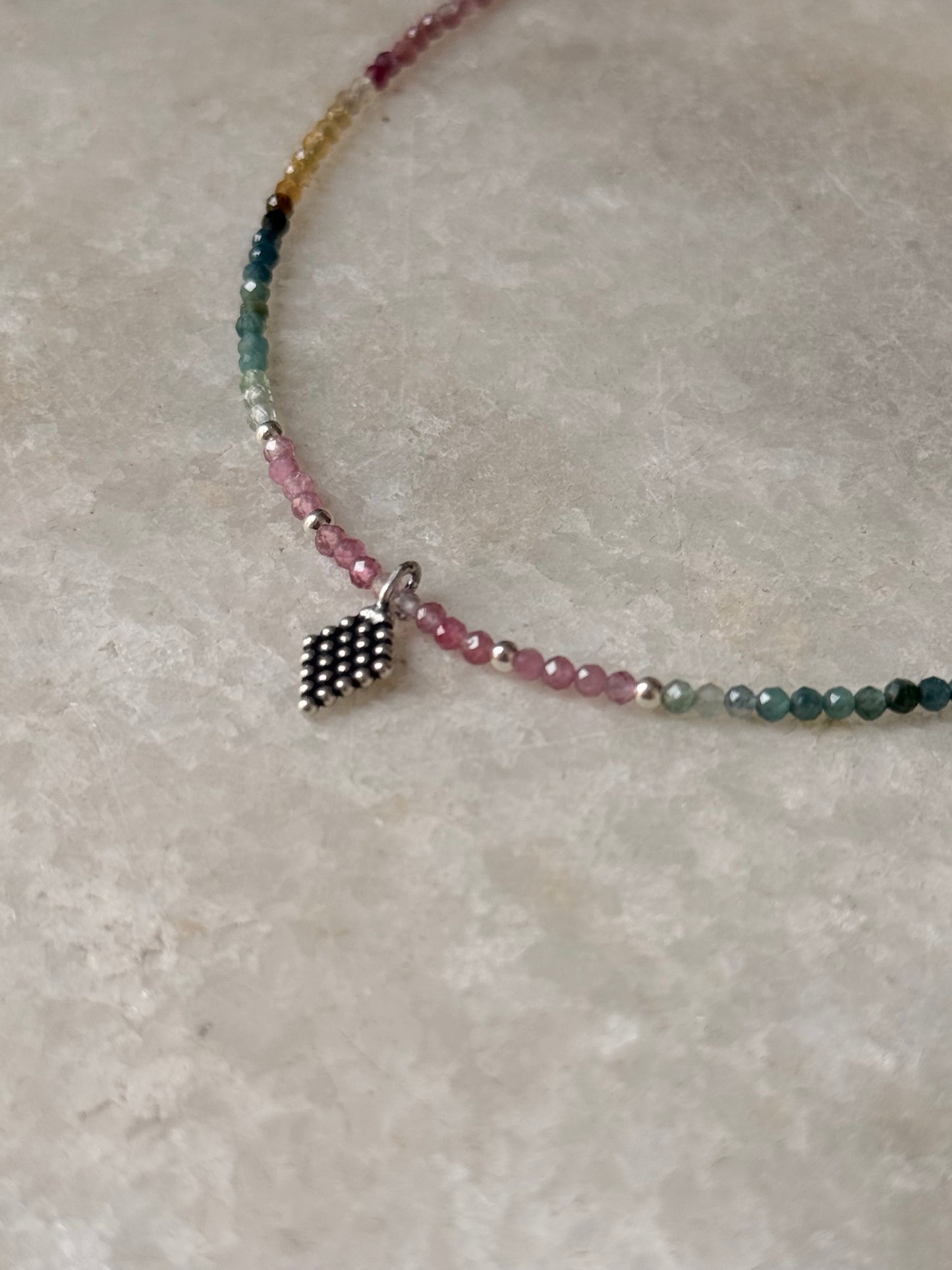 925 Sterling Silver Multi Tourmaline 2mm Tribal Rawa Charm & Silver Balls Necklace