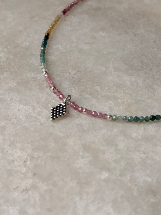 925 Sterling Silver Multi Tourmaline 2mm Tribal Rawa Charm & Silver Balls Necklace