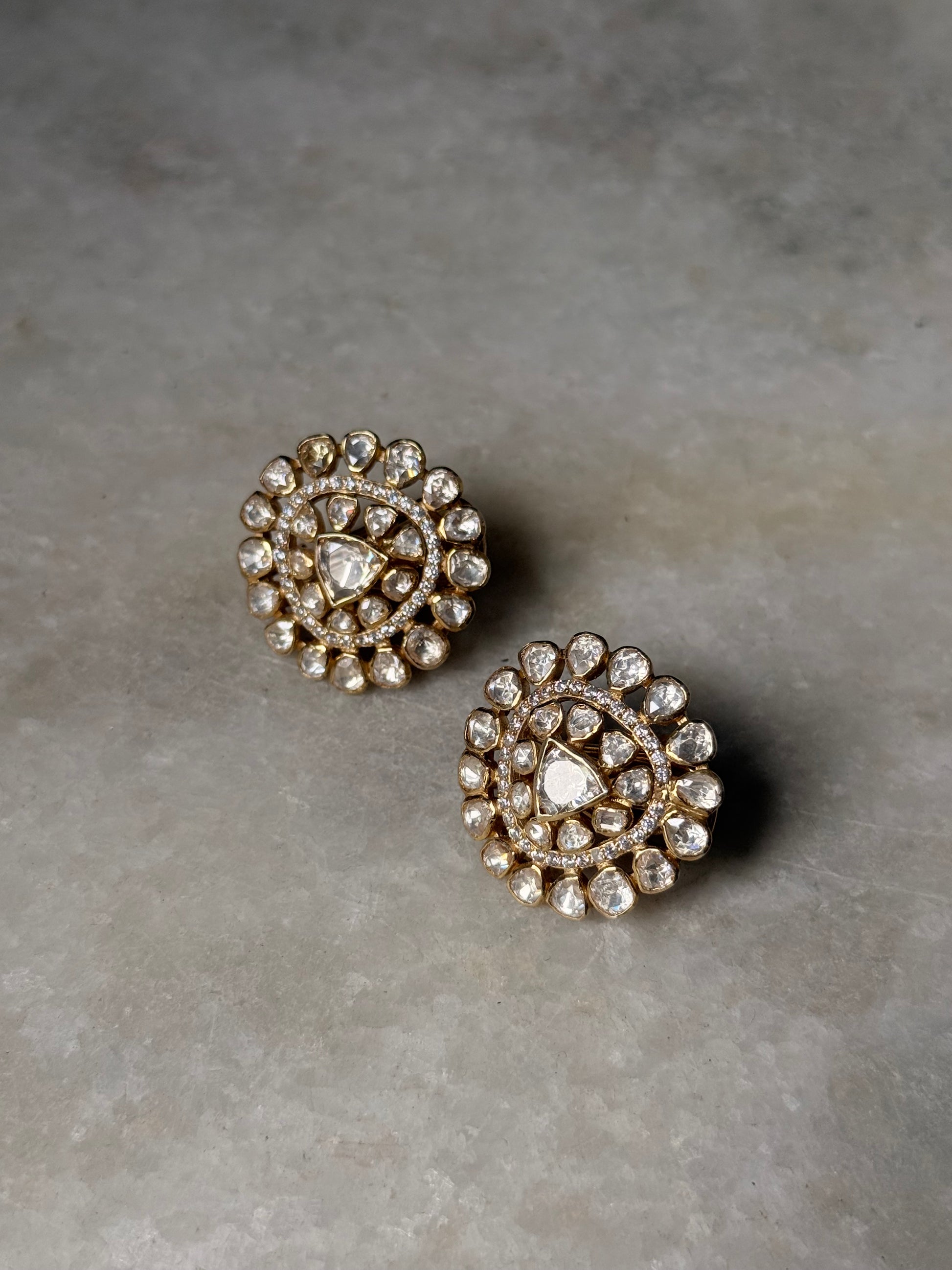 925 Sterling Silver Gold Plated Antique Moissanite Polki Earrings with intricate round designs