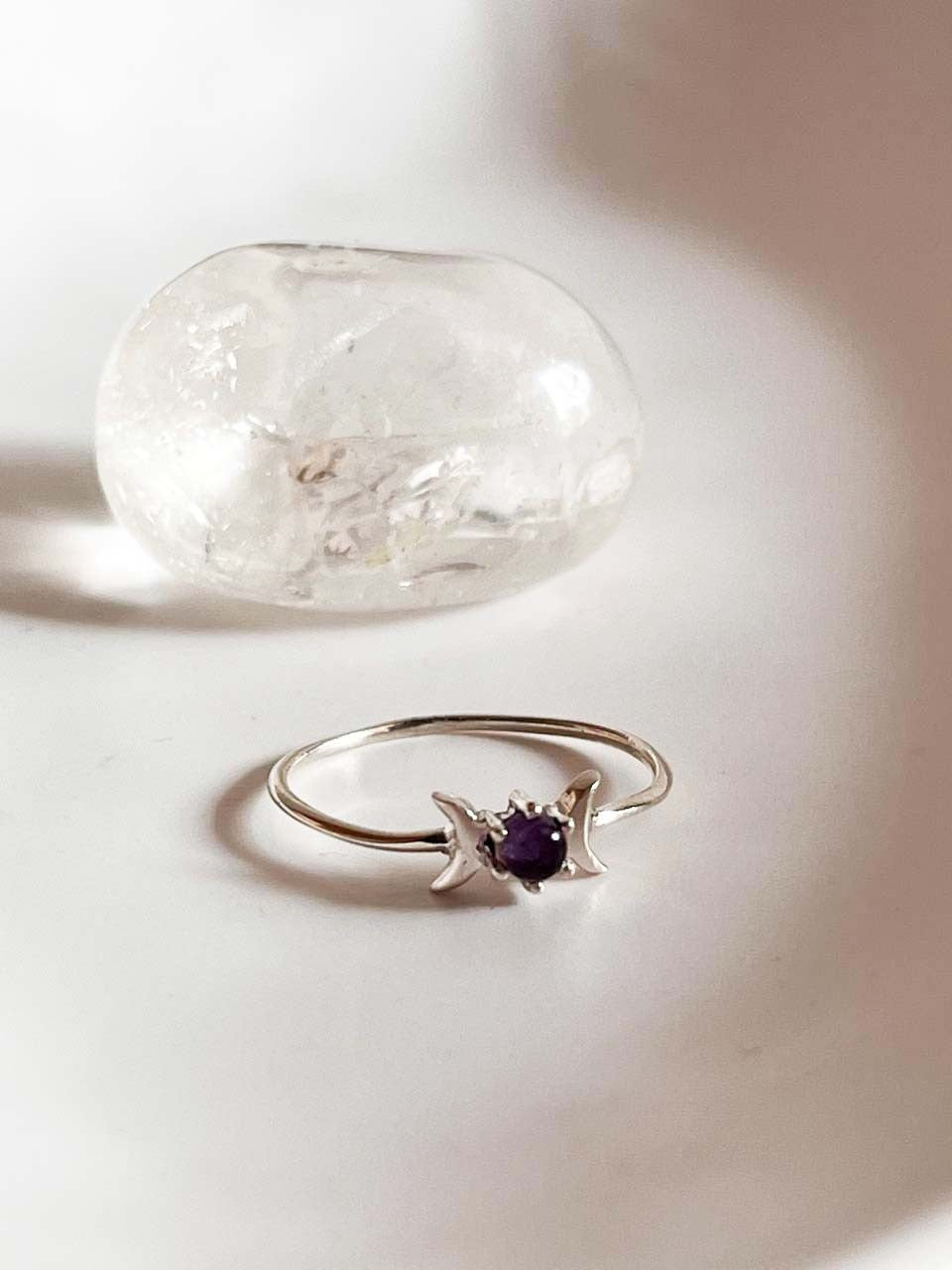 Moon Phases Silver Ring Featuring Amethyst Gemstone