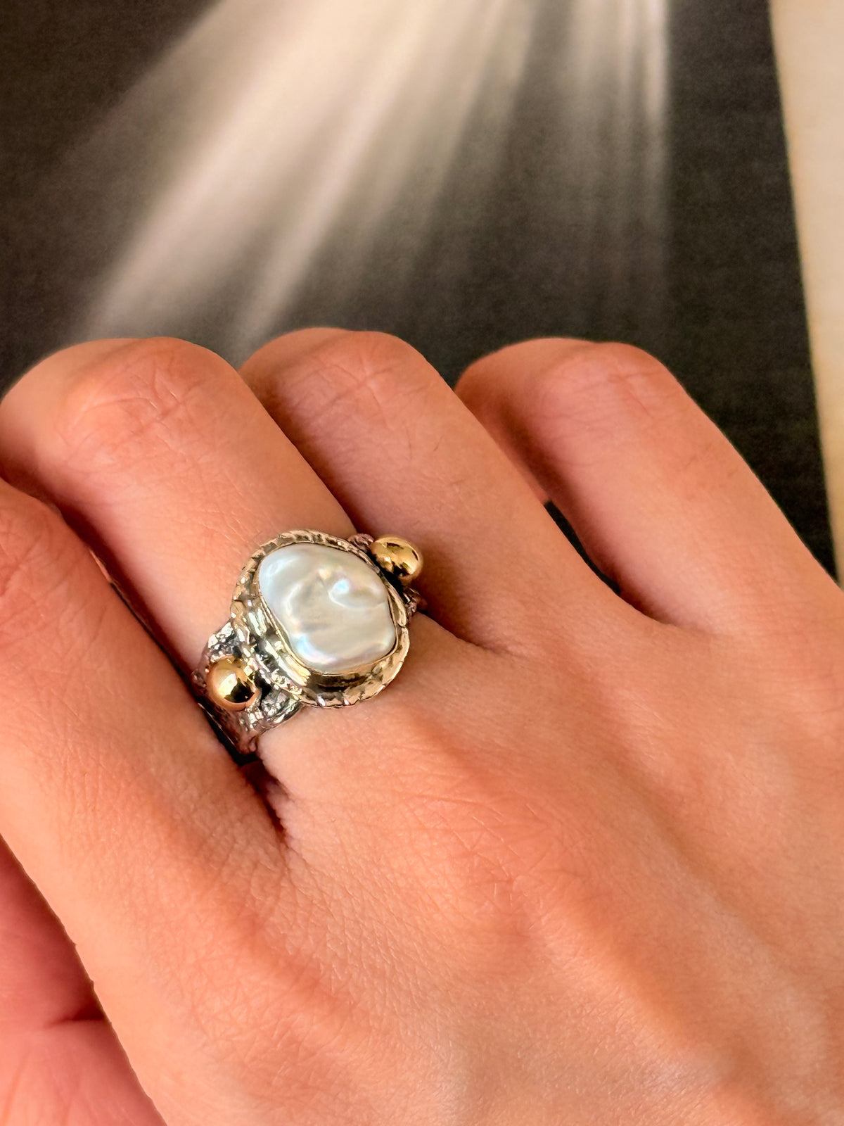 925 Sterling Silver Baroque Pearl Rustic Fusion Handcrafted Ring