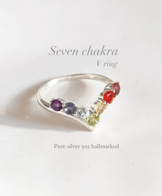 Seven Chakra V-shaped silver ring with gemstone accents