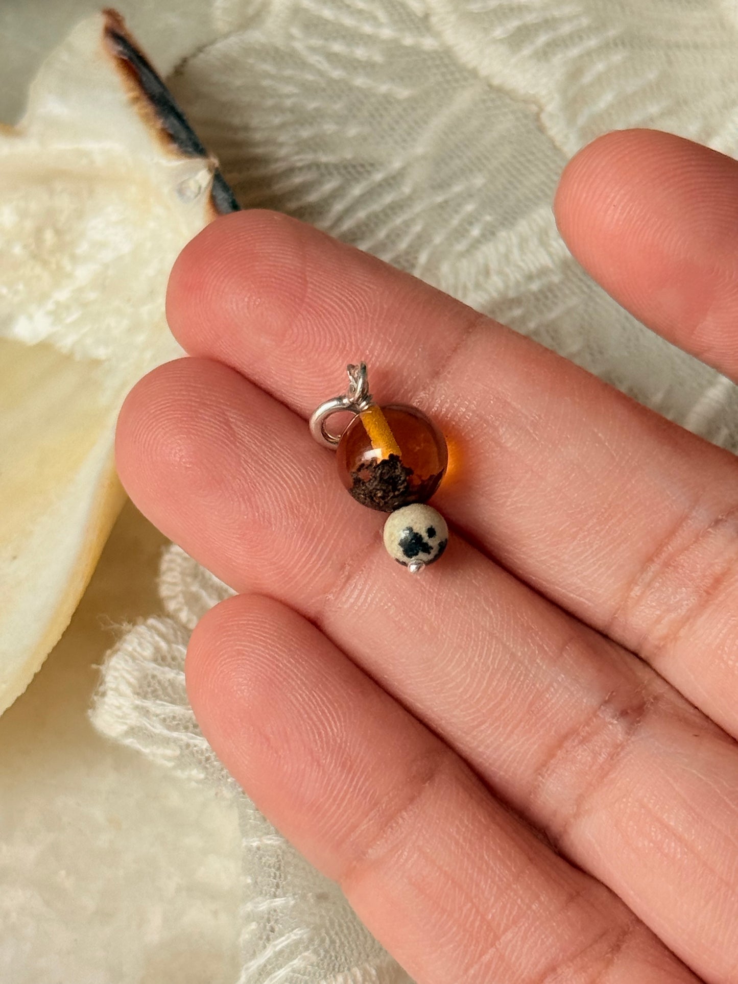 925 Sterling Silver Amber, Dalmantion jasper Crystal Charm