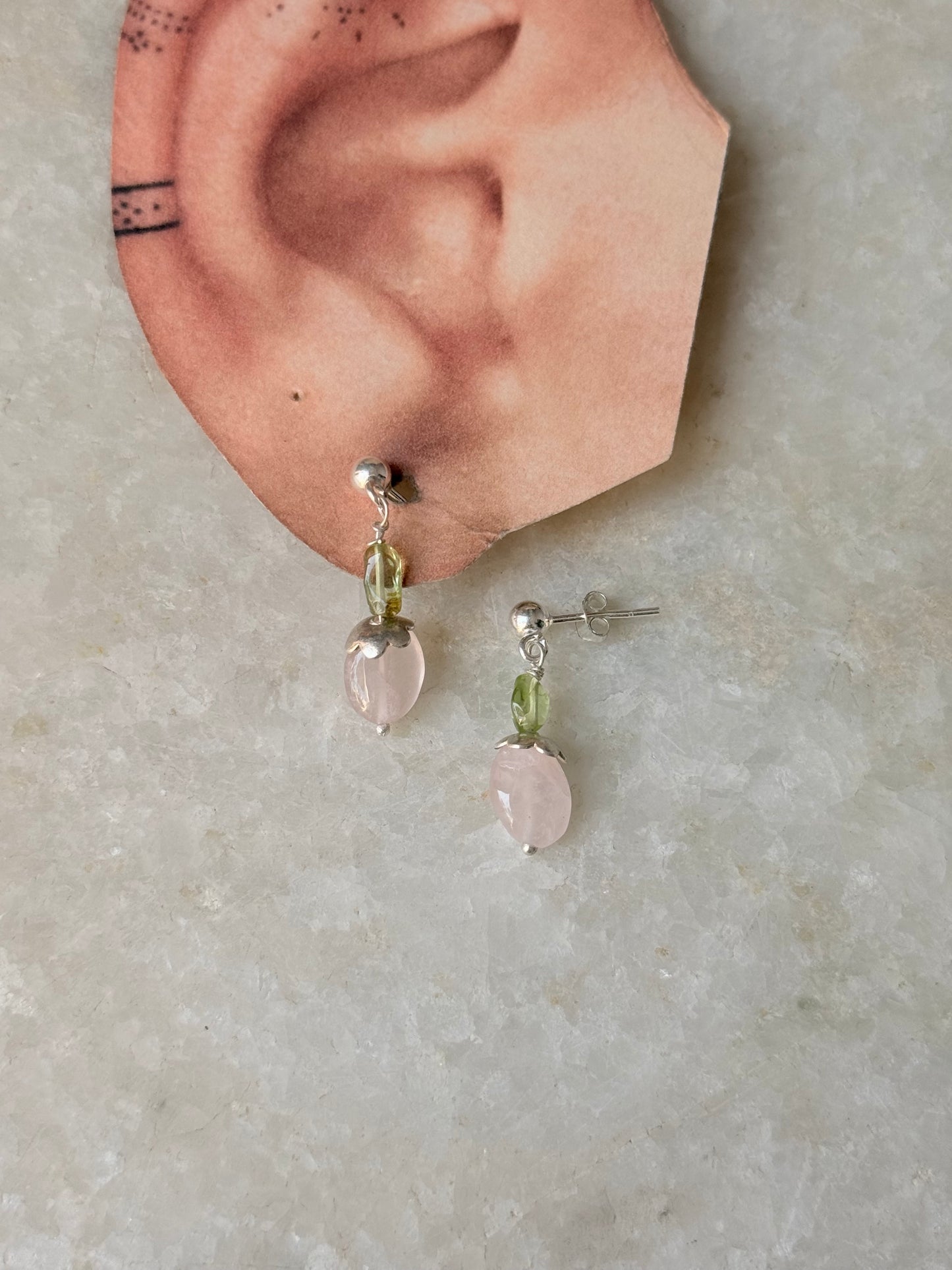 925 Sterling Silver Rose Quartz Tumble Flower & Peridot Studs Earrings