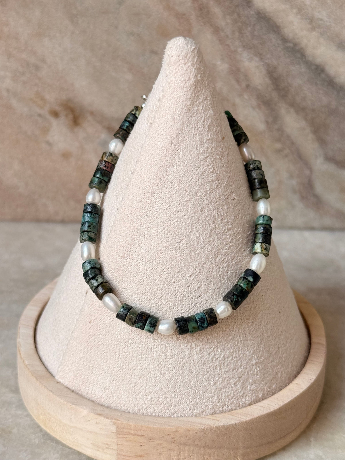 925 Sterling Silver African Turquoise Flat Fresh Water Pearls Bracelet