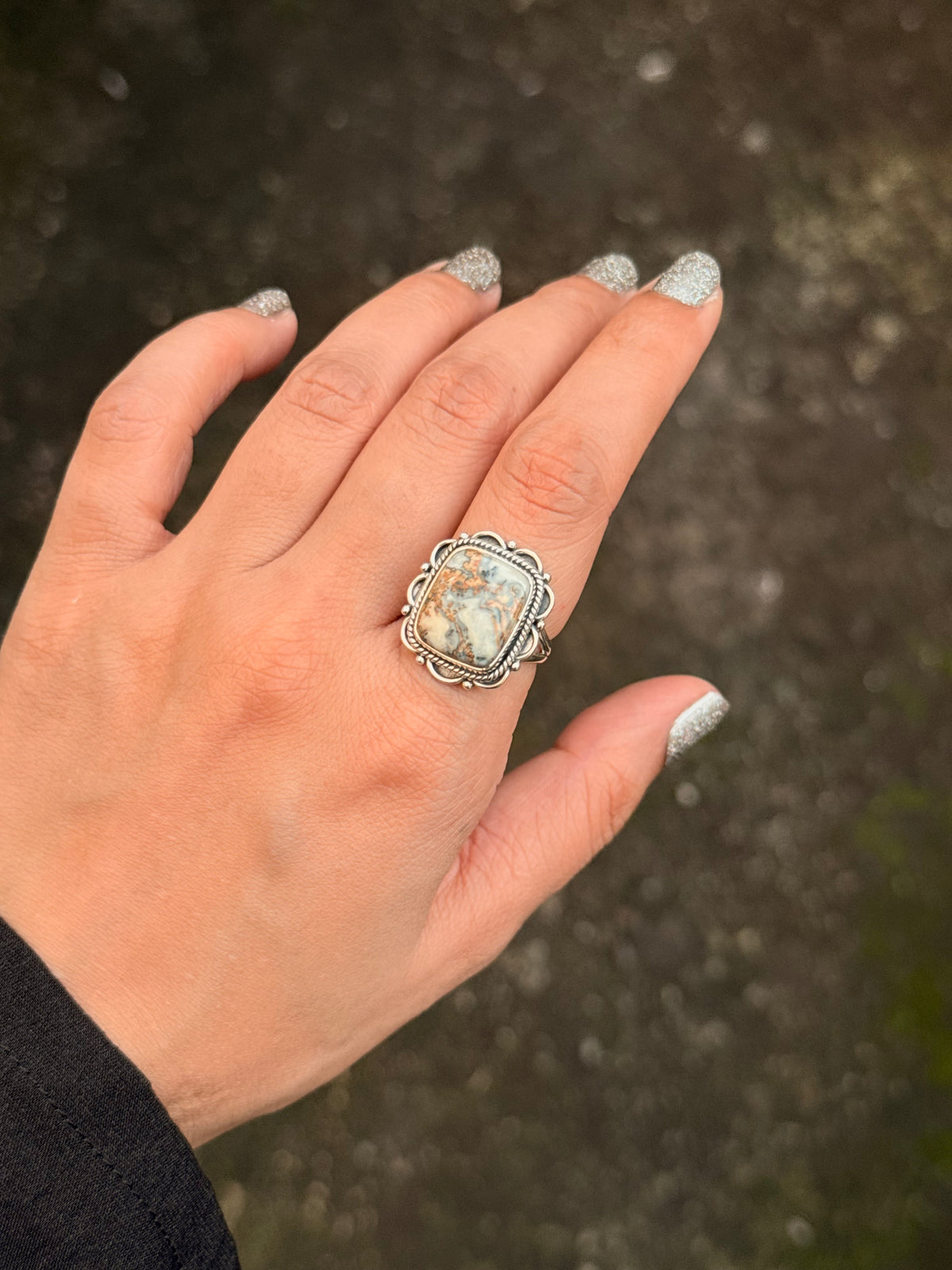 925 Sterling Silver Agate Rectangle Boho Ring