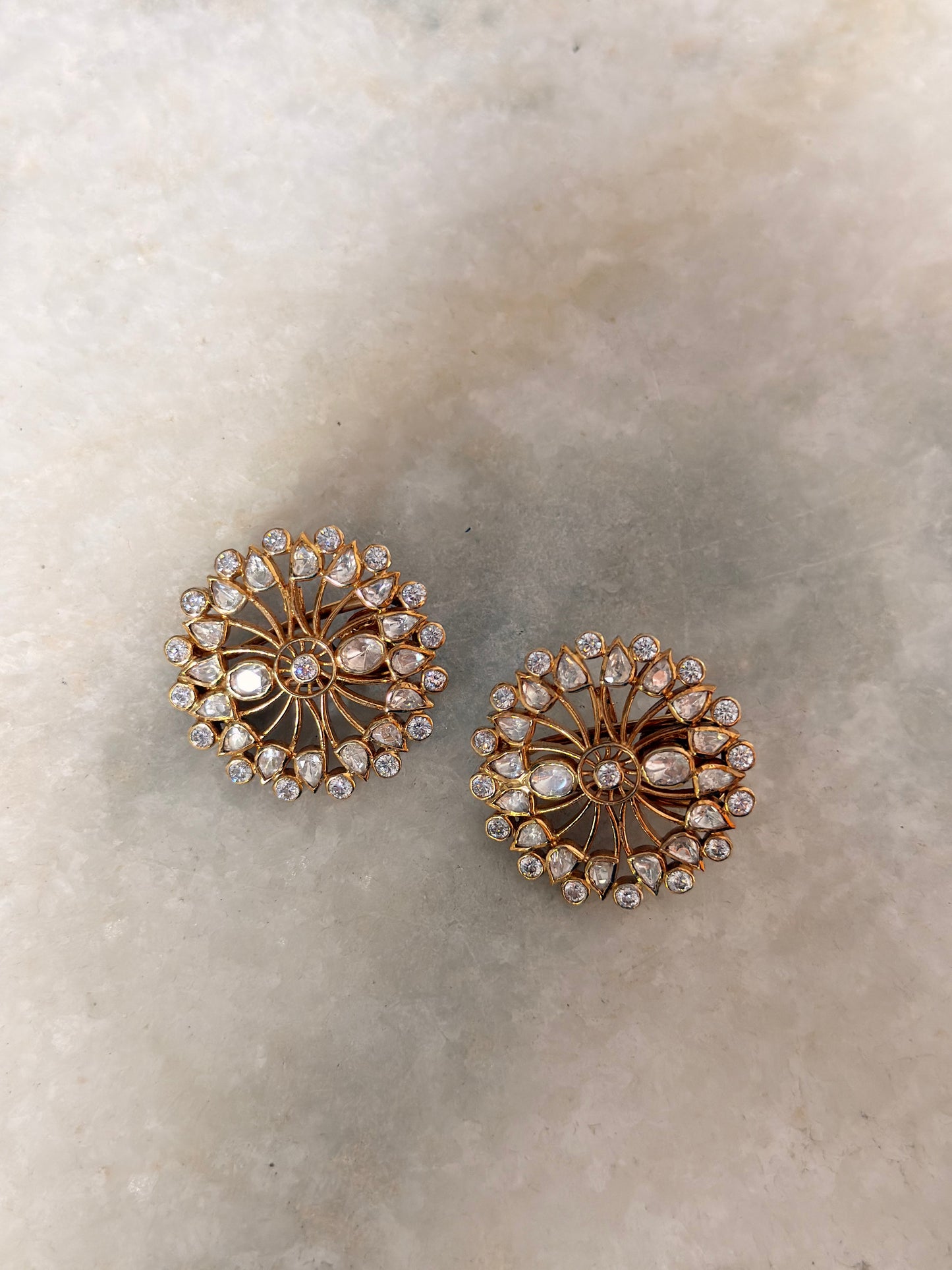 Vintage Inspired 925 Sterling Silver Gold Plated Moissanite Polki Floral Earrings