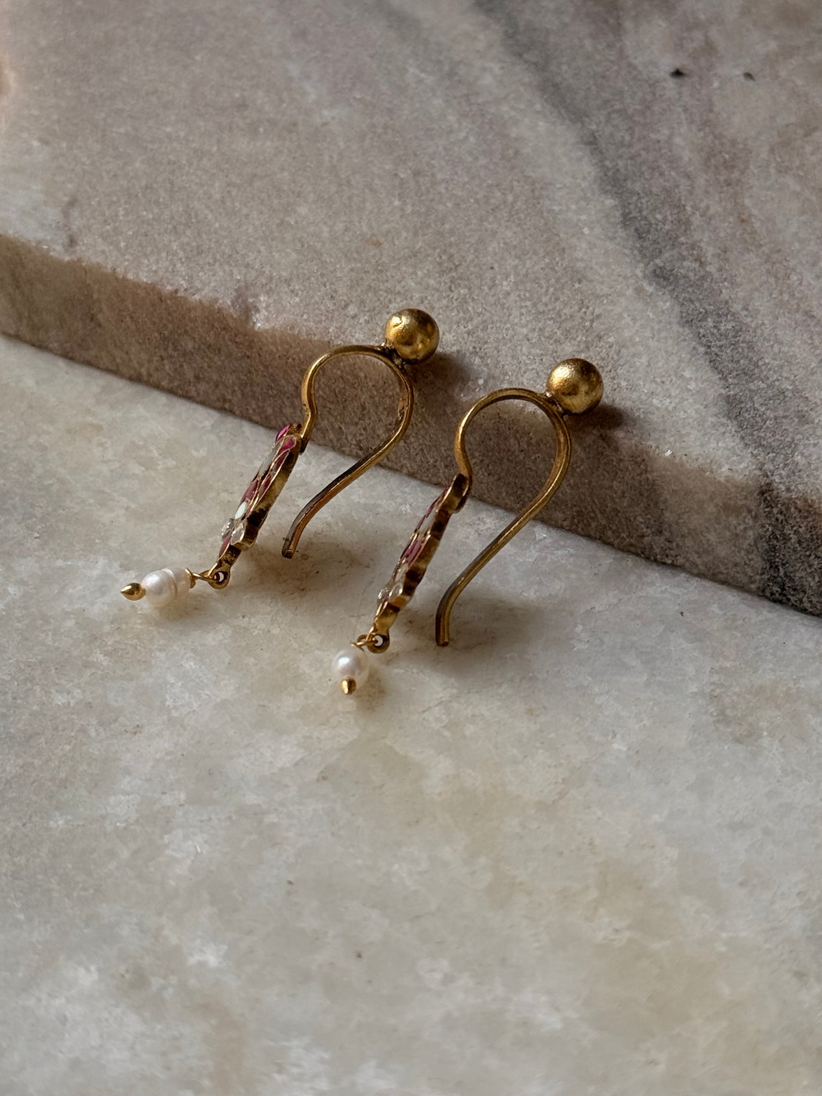 925 Sterling Silver Gold Plated Pink White Stone Kundan Polki & Fresh Water Pearls Charm Bugadi Ear Cuff
