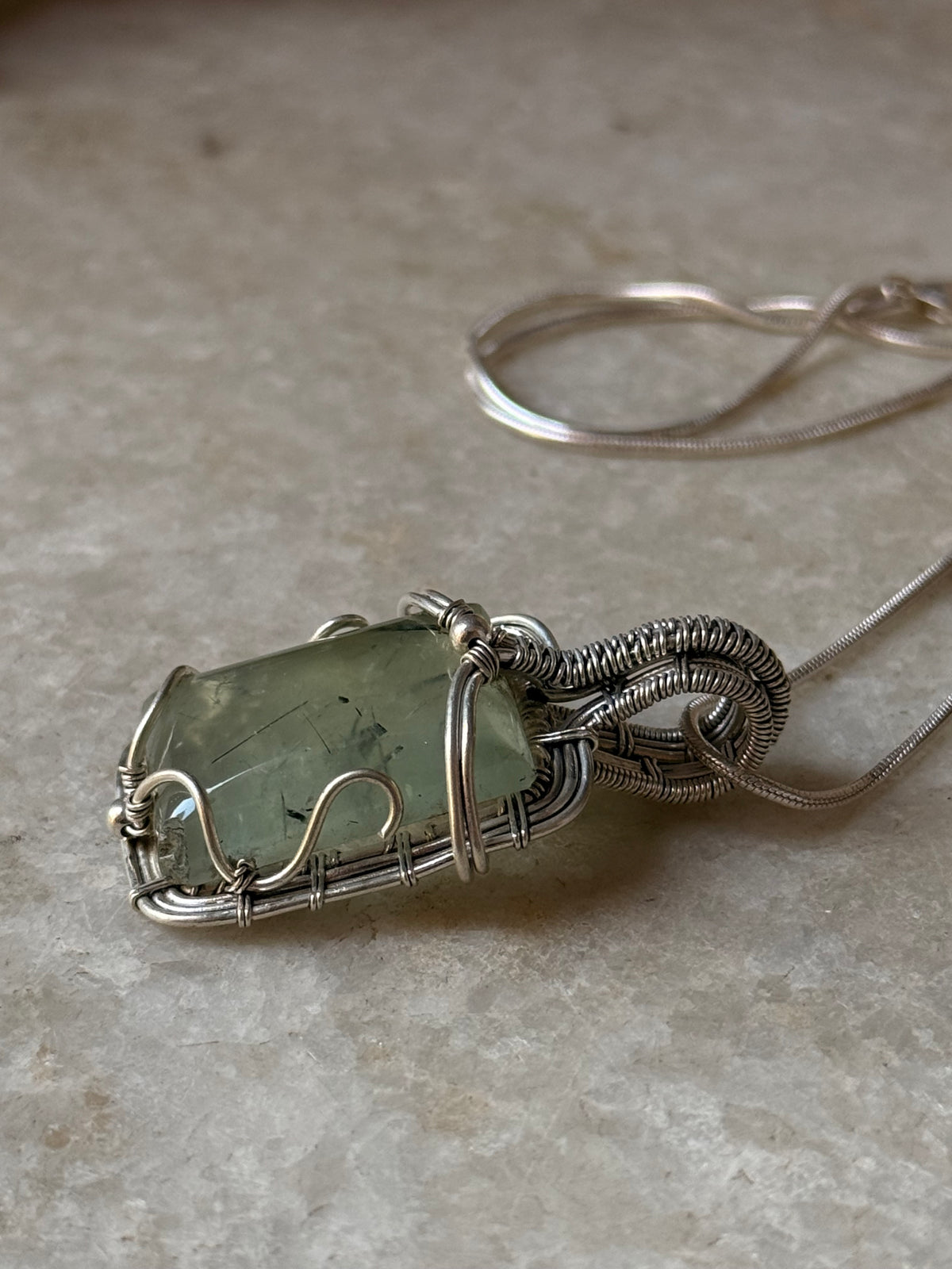925 Sterling Silver Pherenite  Rectangle Wire Wrapped Handcrafted One of a Kind Pendant