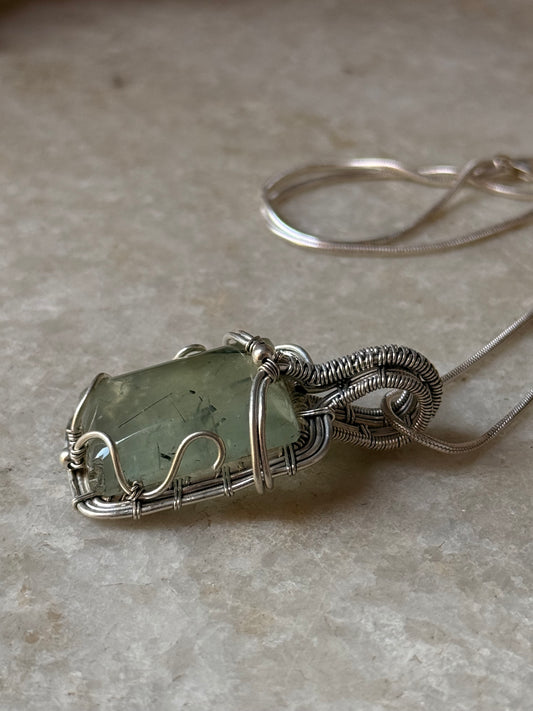 925 Sterling Silver Pherenite  Rectangle Wire Wrapped Handcrafted One of a Kind Pendant