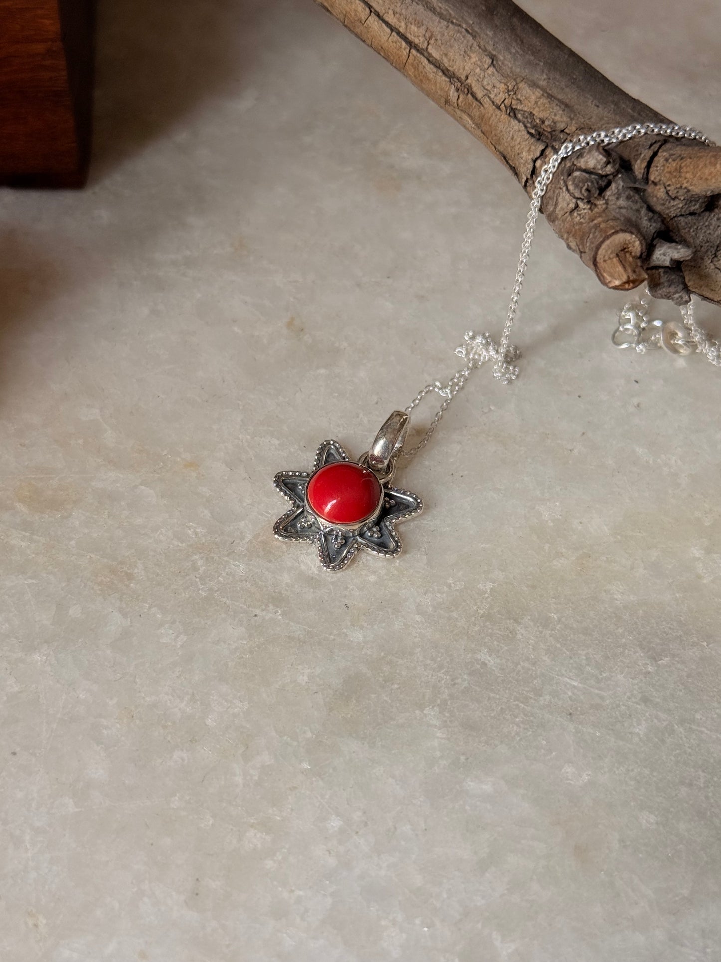925 Sterling Silver Red Coral Boho Handcrafted Antique Pendant