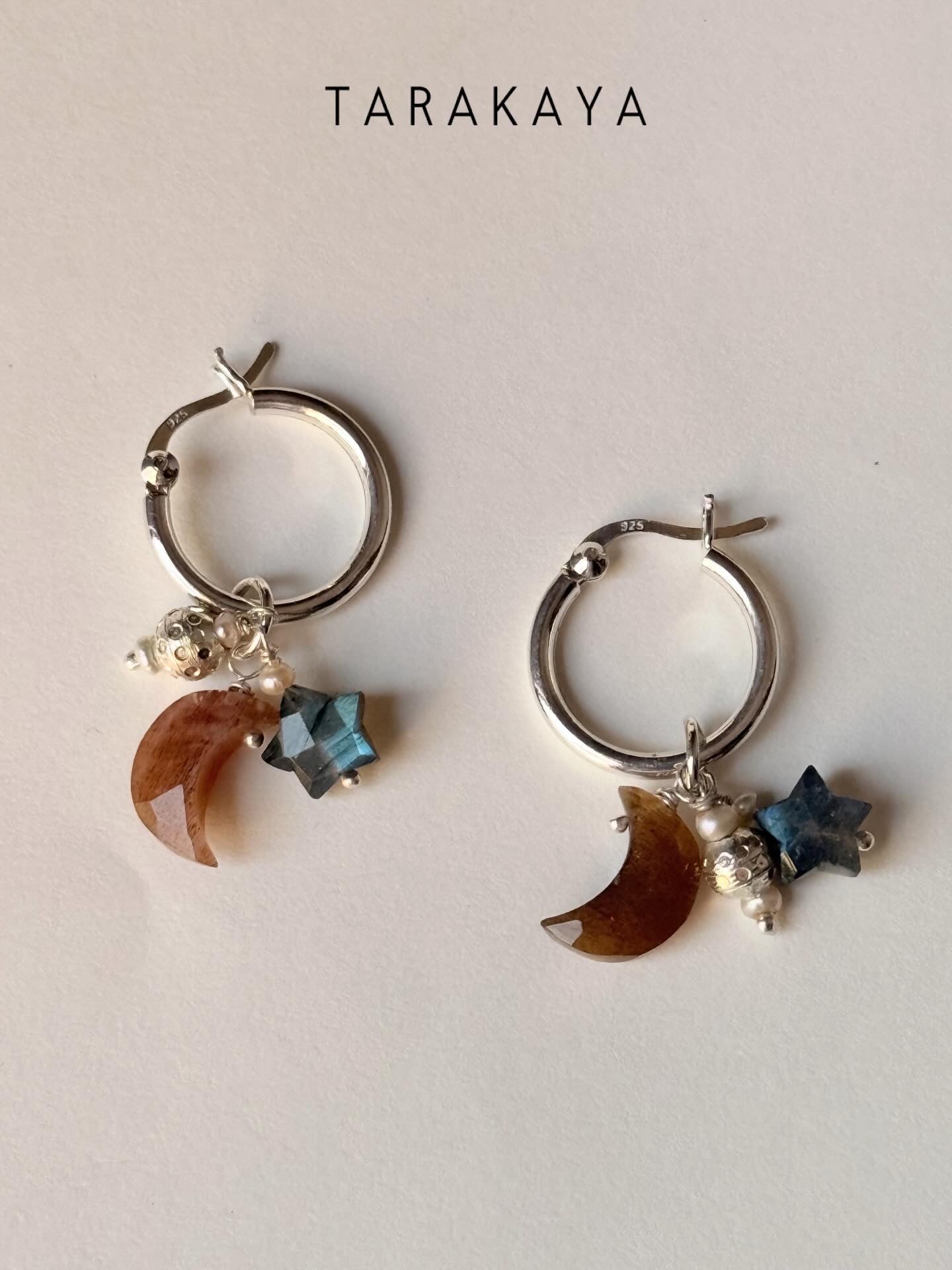 925 Sterling Silver Golden Moonstone Moon, Labradorite Star and Fresh Water Pearls with Silver Disco Beads Handcrafted Hoops