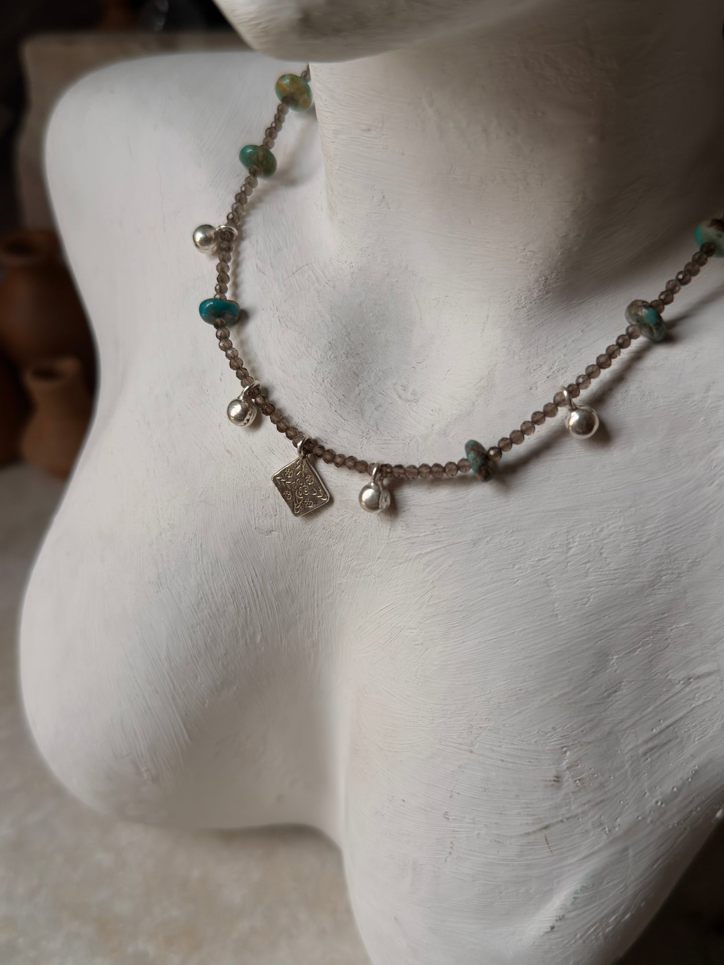 Smokey Quartz, Kingsman Turquoise & Tribal Engraved Charm - Ghungroo Charms  925 Sterling Silver Handcrafted Necklace