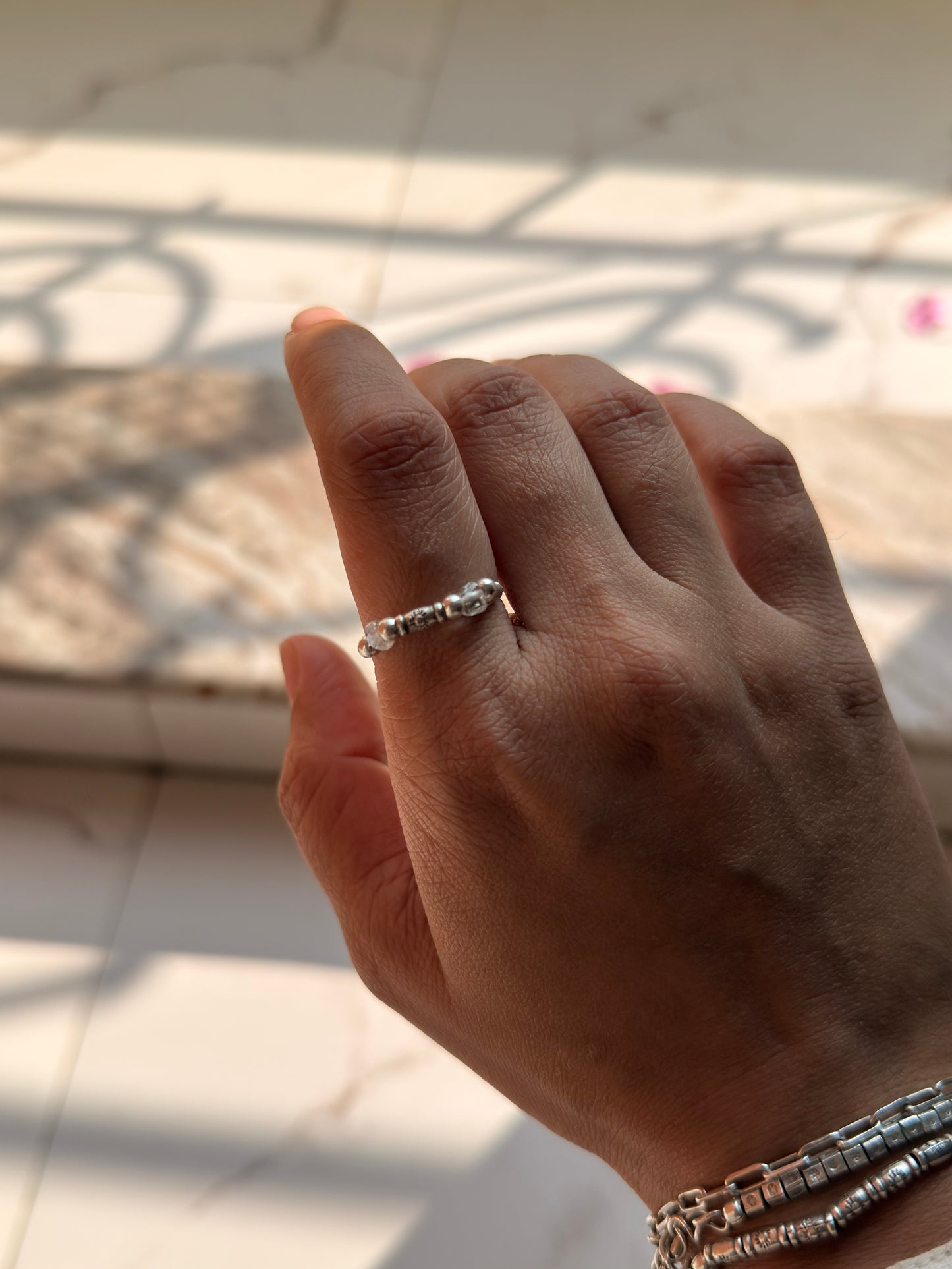 925 Sterling Silver Clear Quartz Sun Engraved Silver Bead Wire Wrapped Handcrafted Ring