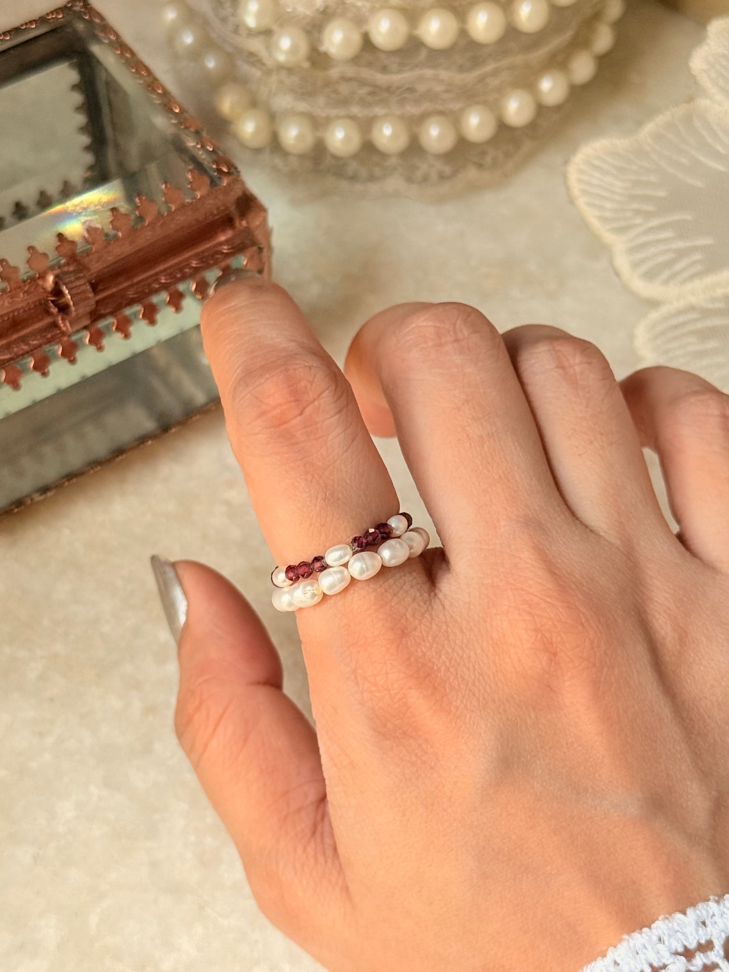 Natural Crystal Stretchy Fresh Water Pearl & Garnet Pearl Rings
