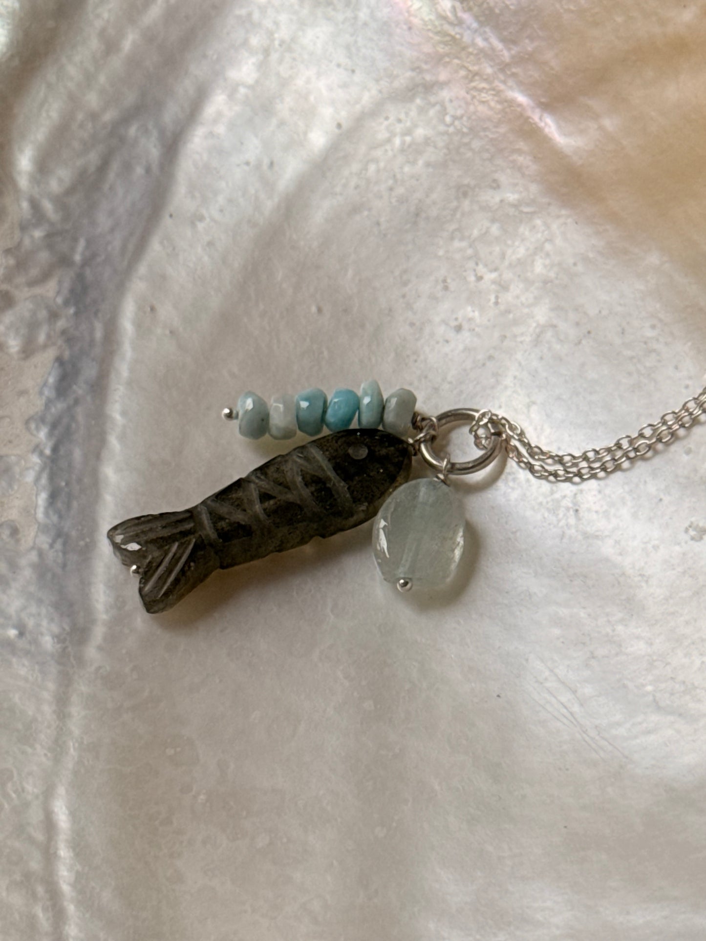 925 Sterling Silver Labradorite Fish Carved , Larimar & Aquamarine Small Tumble Charms Dainty Cable Chain Necklace