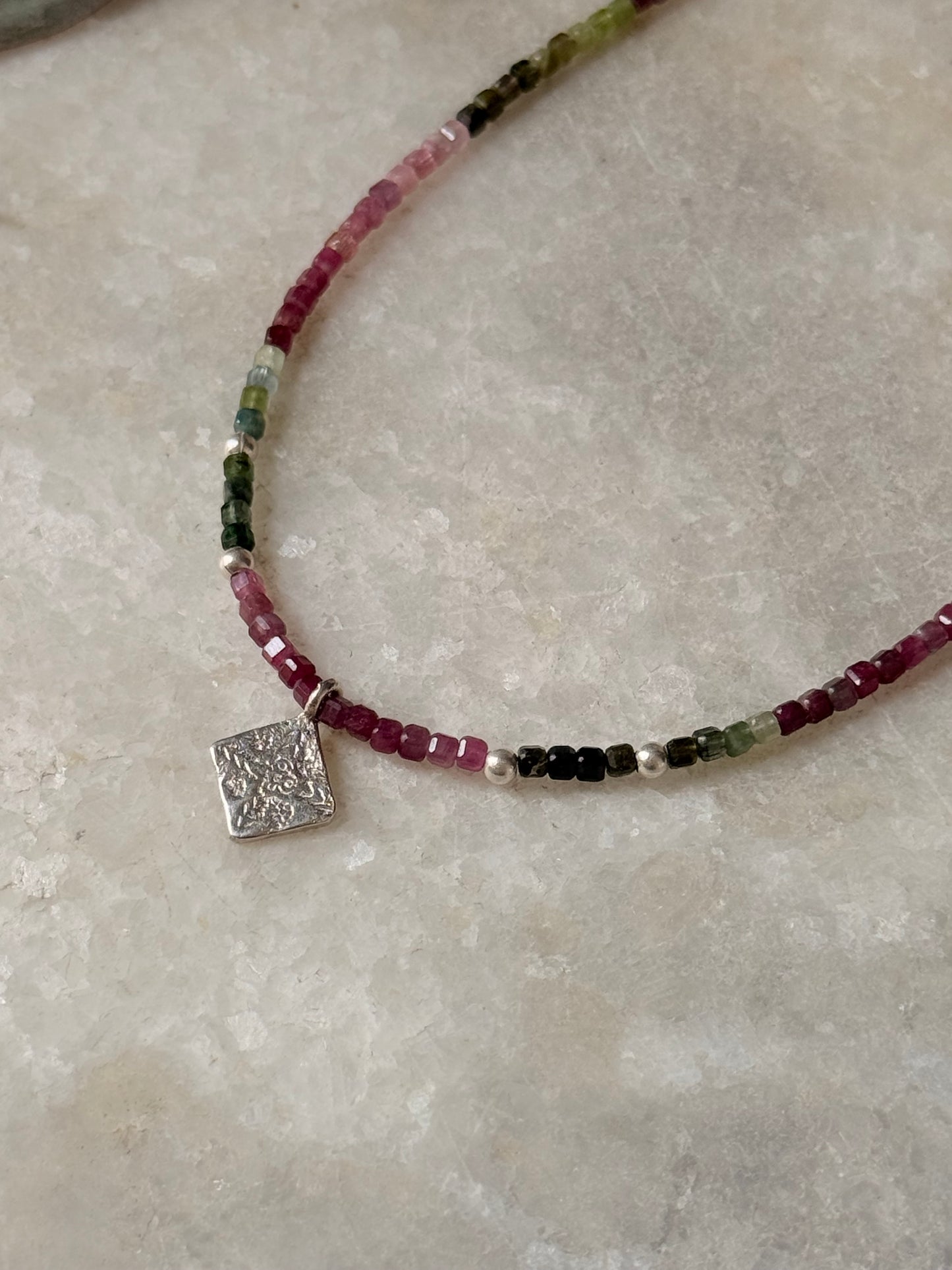 925 Sterling Silver Multi Tourmaline Box Tribal Charm & Silver Balls Necklace