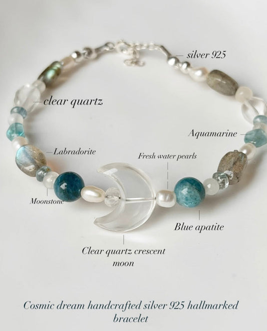 Cosmic Dream clear quartz moon handcrafted silver bracelet  