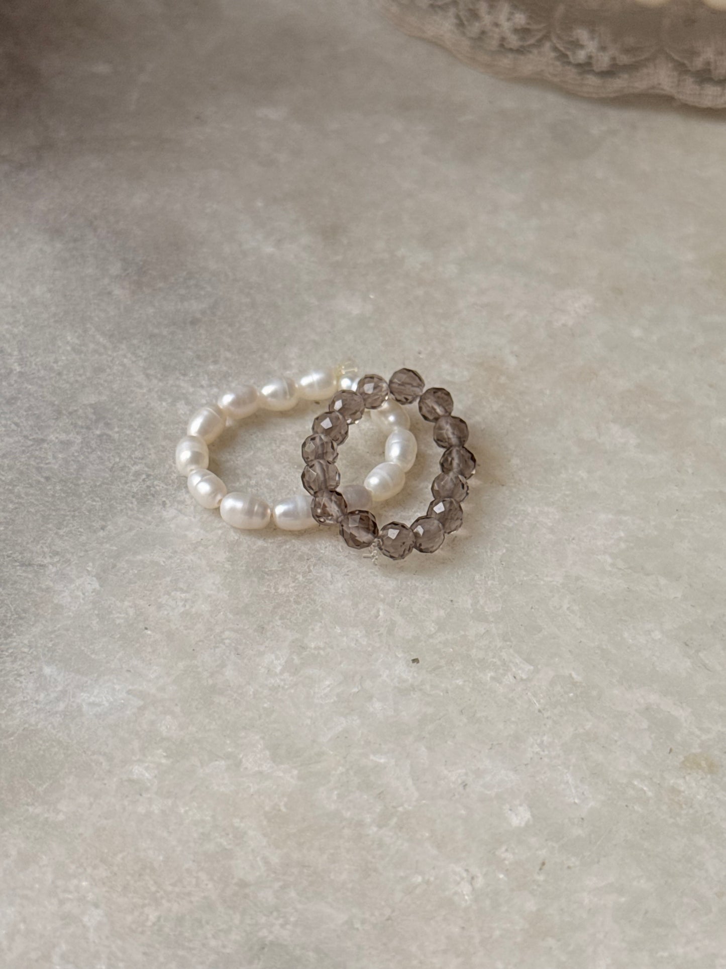 Natural Crystal Stretchy Smokey Quartz 3-4mm & Fresh Water Pearl Rings