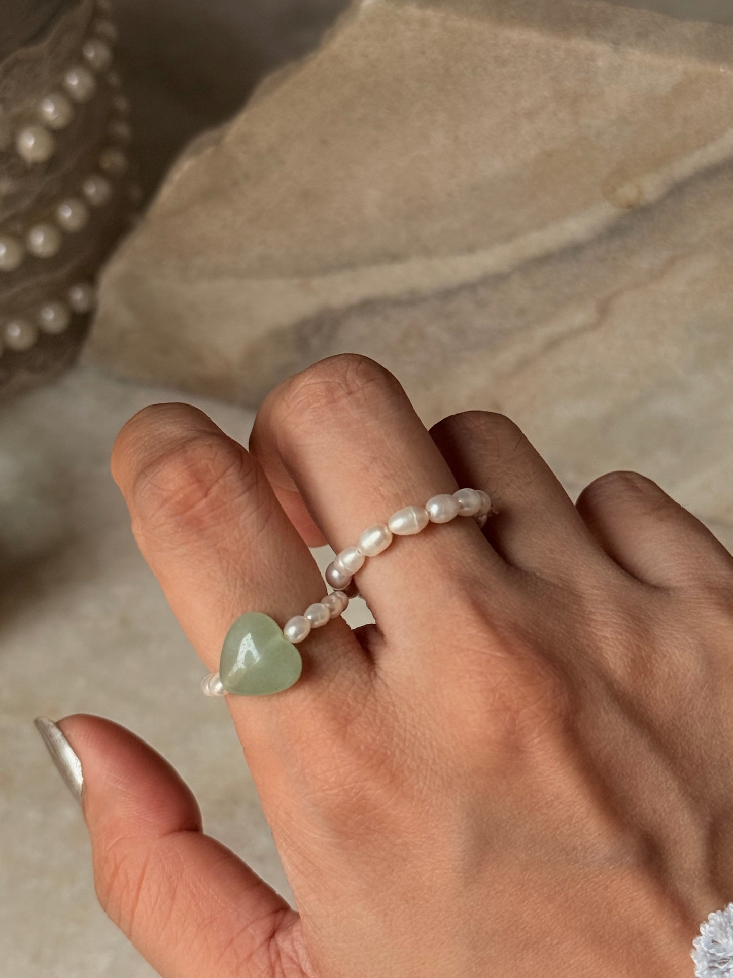 Natural Crystal Stretchy Fresh Water Pearl & Green Aventurine Heart Rings
