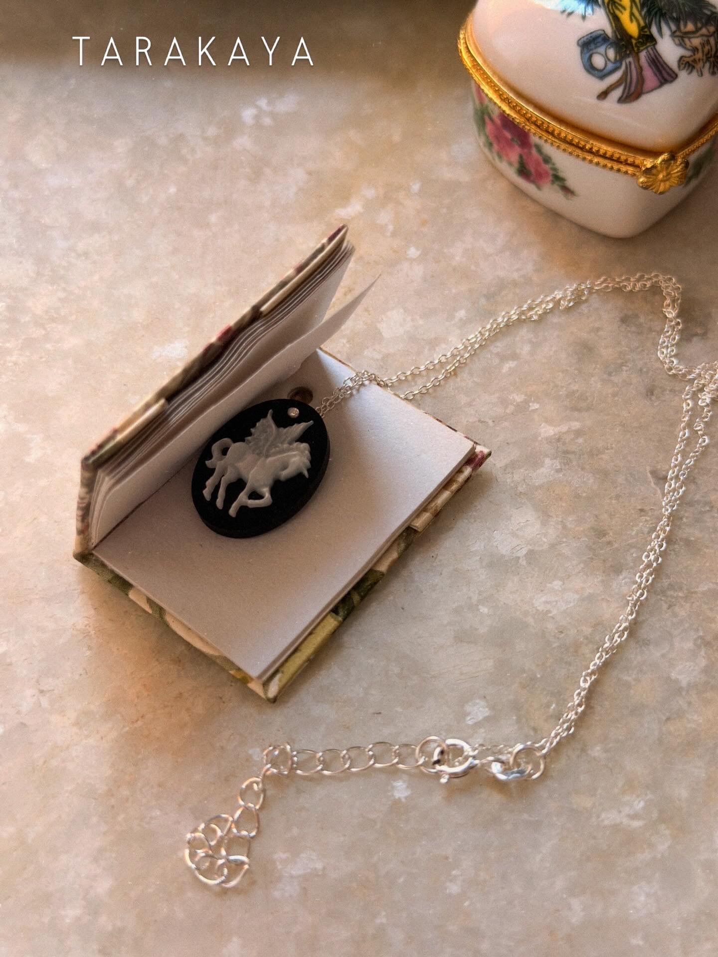 925 Sterling Silver Black Onyx, Mother of Pearl Unicorn Carved Handcrafted Necklace