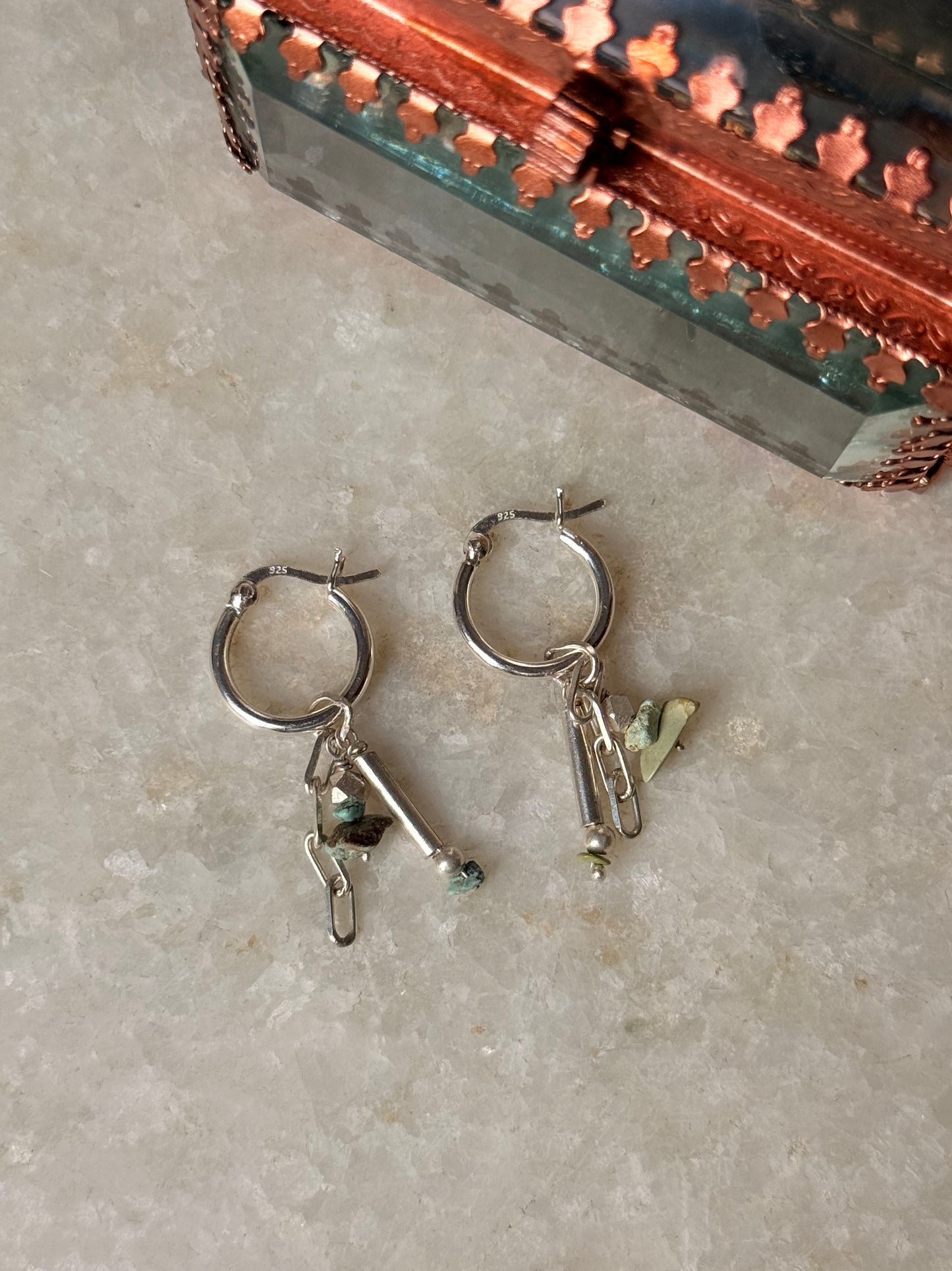 925 Sterling Silver Turquoise Beads, Silver Beads , Paper Clip Chain Hangings Removable Charms Self Designed Handcrafted Italian Hoops Earrings