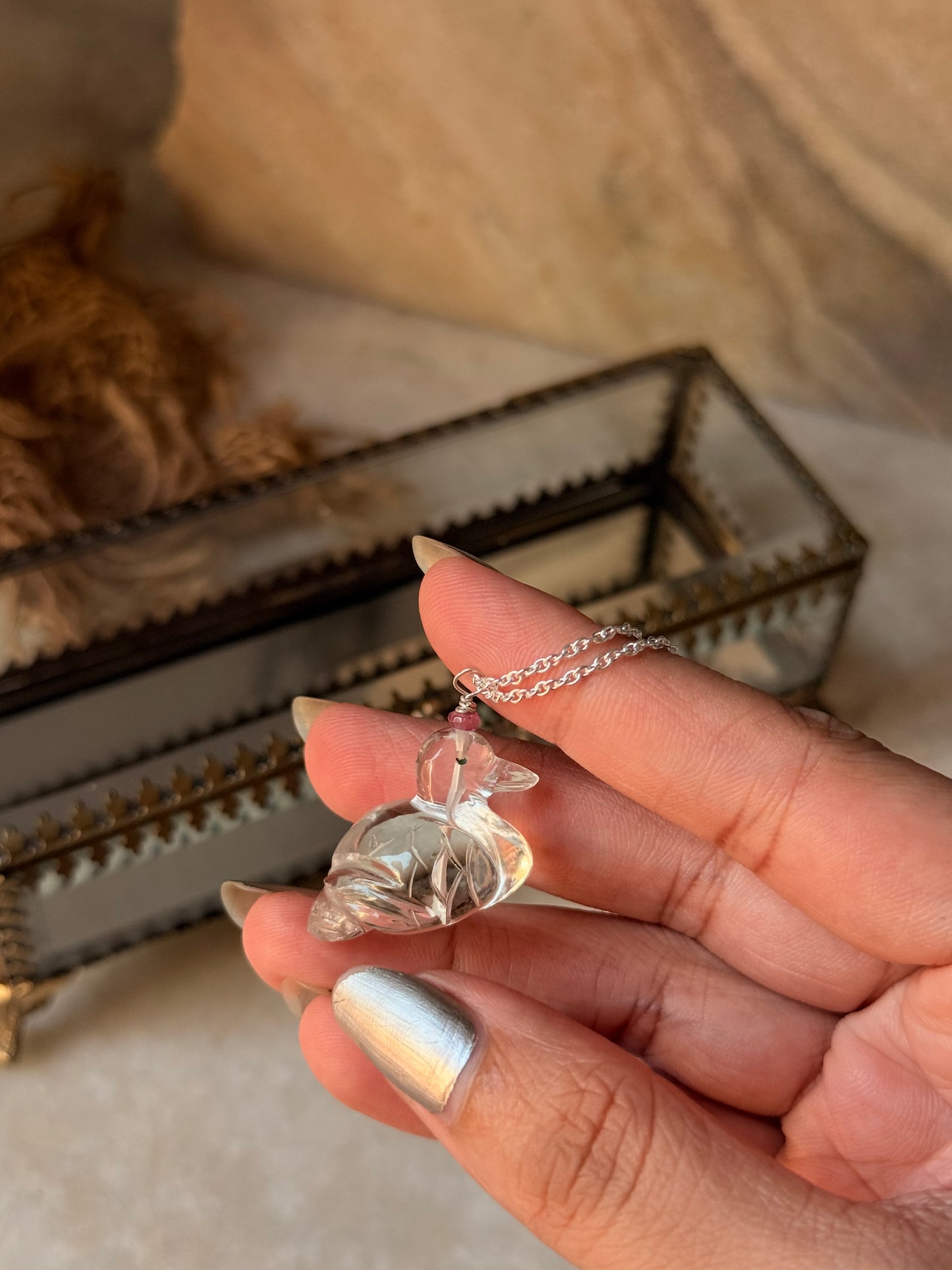 925 Sterling Silver Clear Quartz Duck Carved Pink Tourmaline Crystal Handcrafted Necklace