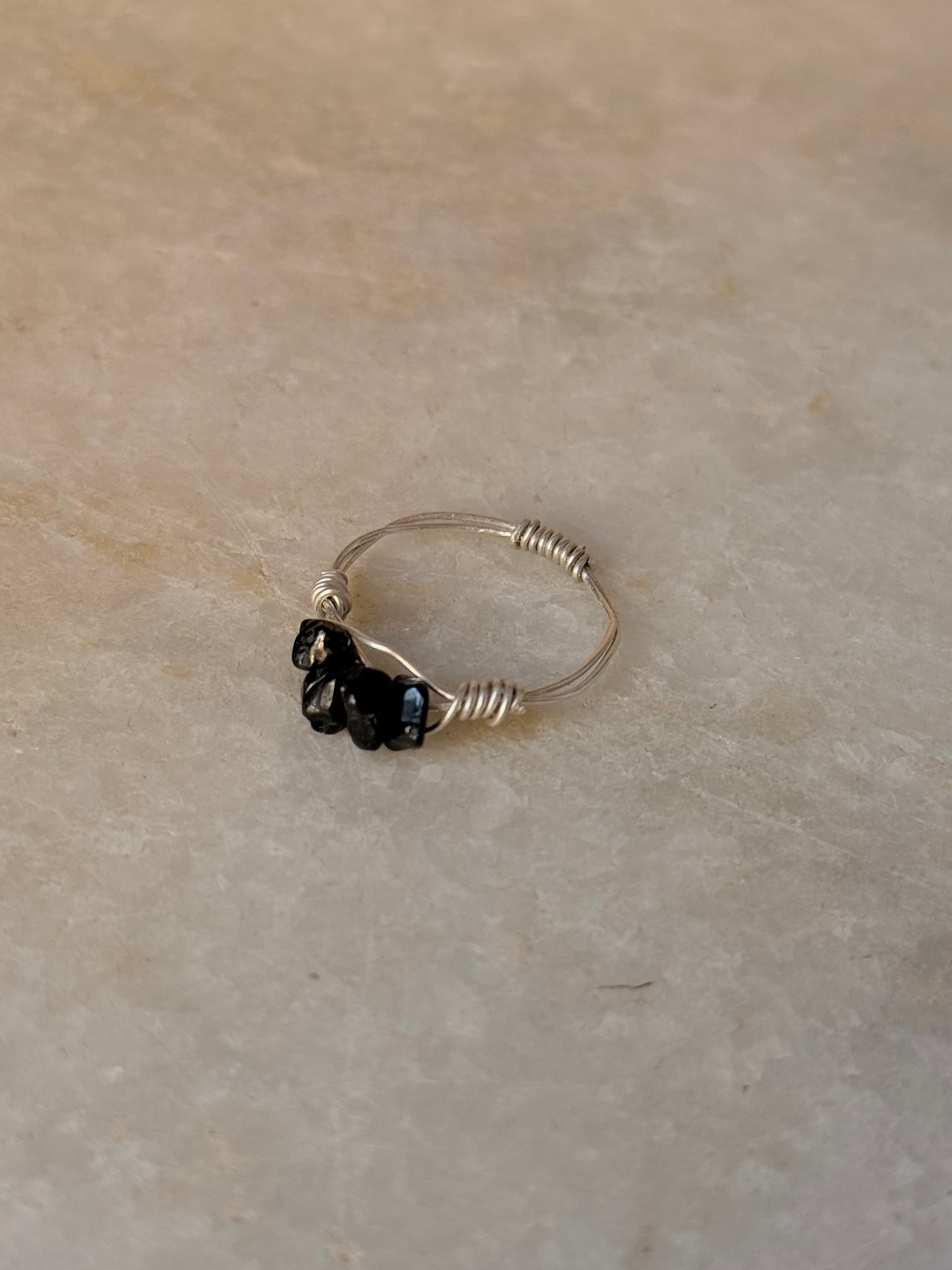 925 Sterling Silver Black Tourmaline Chips Wire Wrapped Handcrafted Ring
