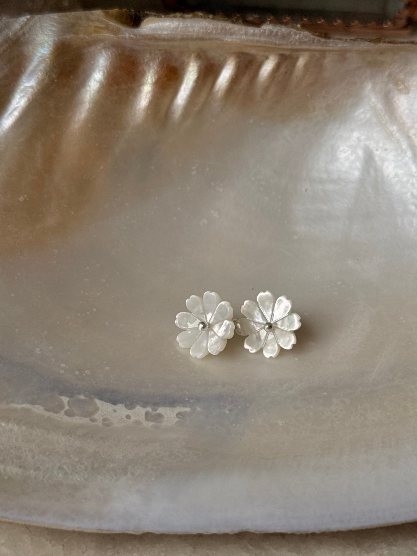 925 Sterling Silver Mother of Pearl Flower Carved - 2mm Tiny Studs- 2 in 1