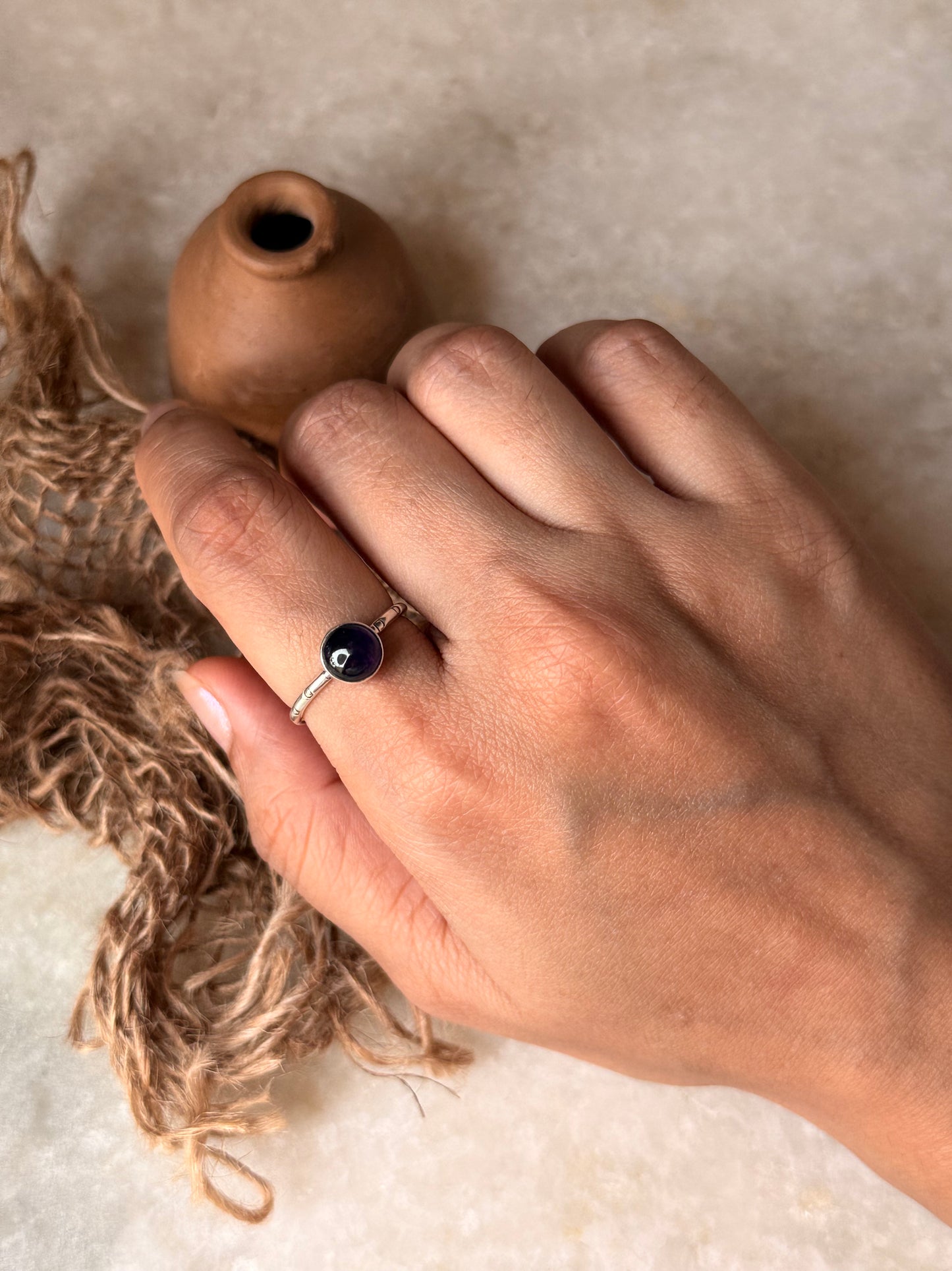 Amethyst Round Tribal Engraved Adjustable 925 Sterling Silver Ring