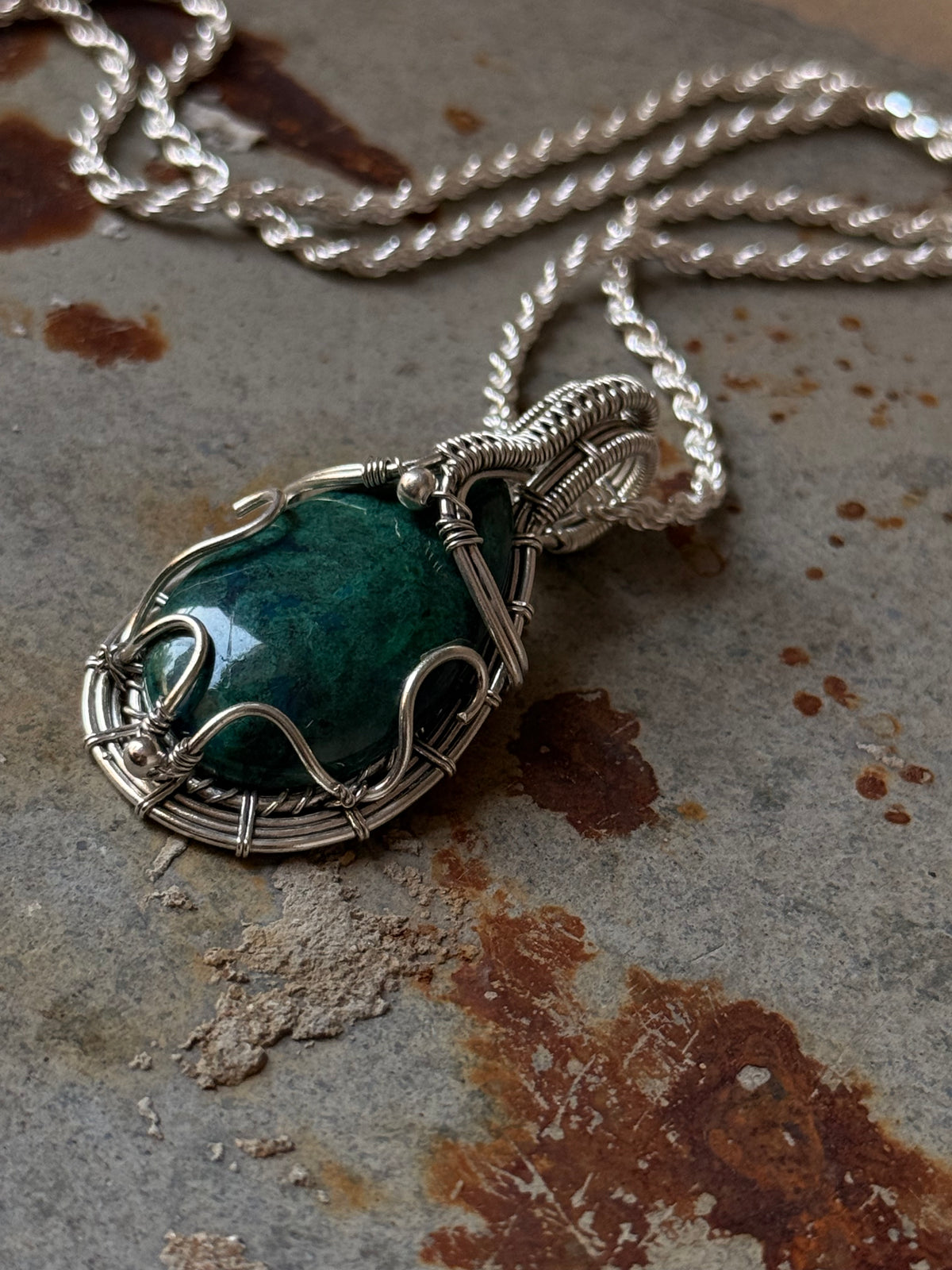 925 Sterling Silver Azurite Pear Wire Wrapped Handcrafted One of a Kind Pendant
