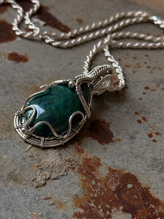 925 Sterling Silver Azurite Pear Wire Wrapped Handcrafted One of a Kind Pendant