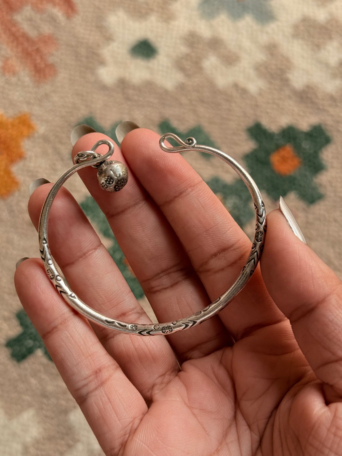 925 Sterling Silver Antique Hill Tribe Handcrafted Adjustable Kada With Hanging Charm