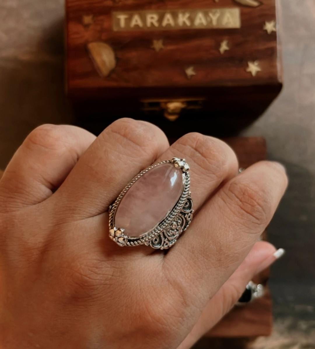 Sterling Silver Boho Statement Ring with Oval Rose Quartz