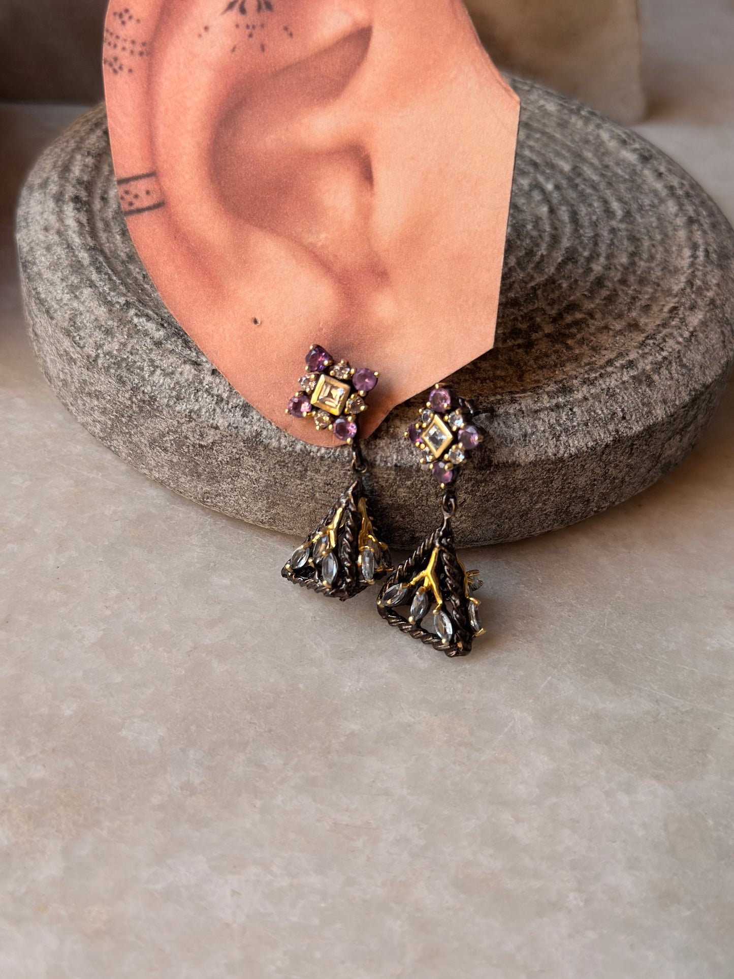 925 Sterling Silver Amethyst & Aquamarine Rhodium Gold Plating Earring