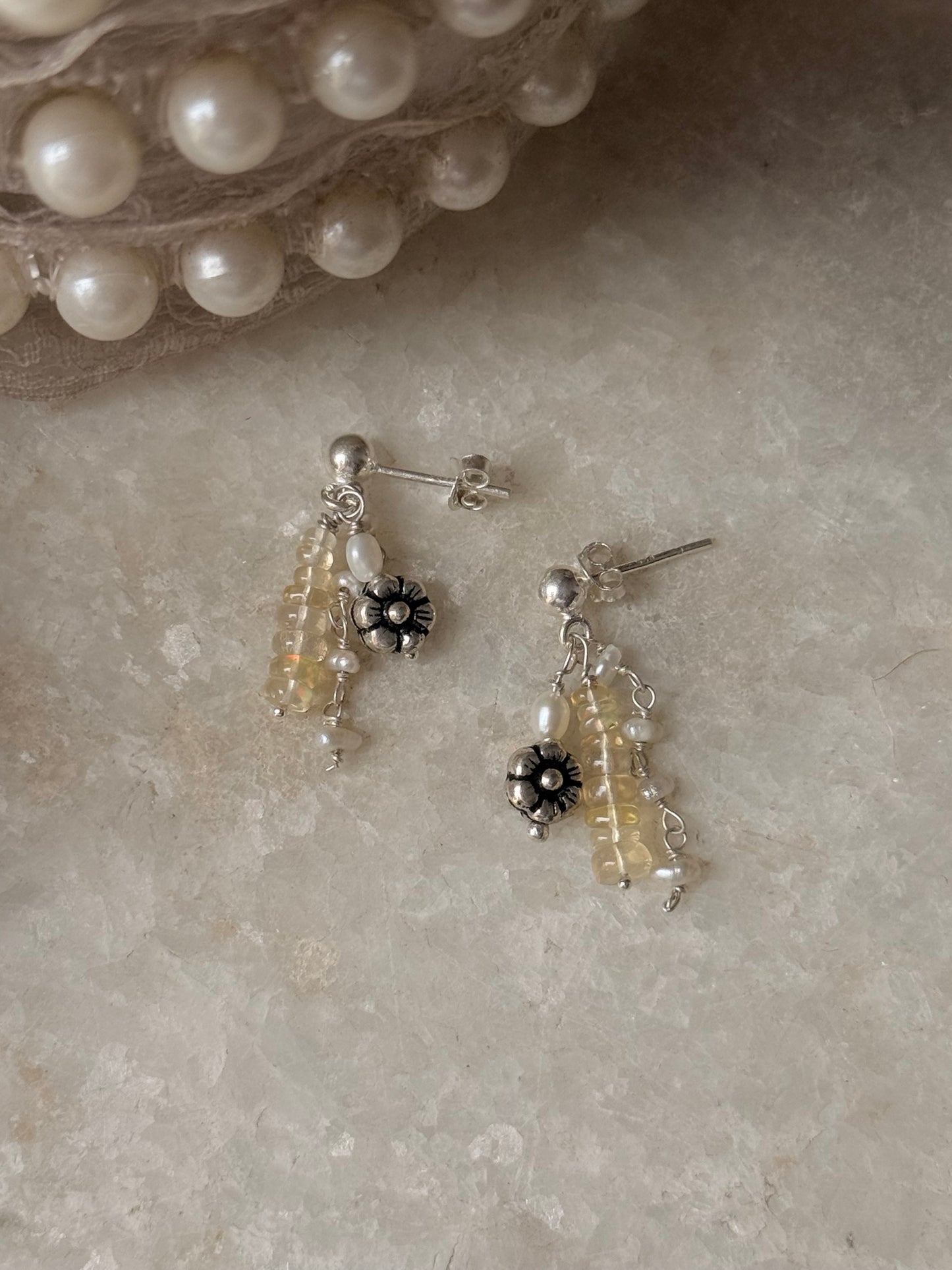 925 Sterling Silver Ethiopian Opals & Fresh Water Pearls Hand beaded , Floral Charm Handcrafted Studs Earrings