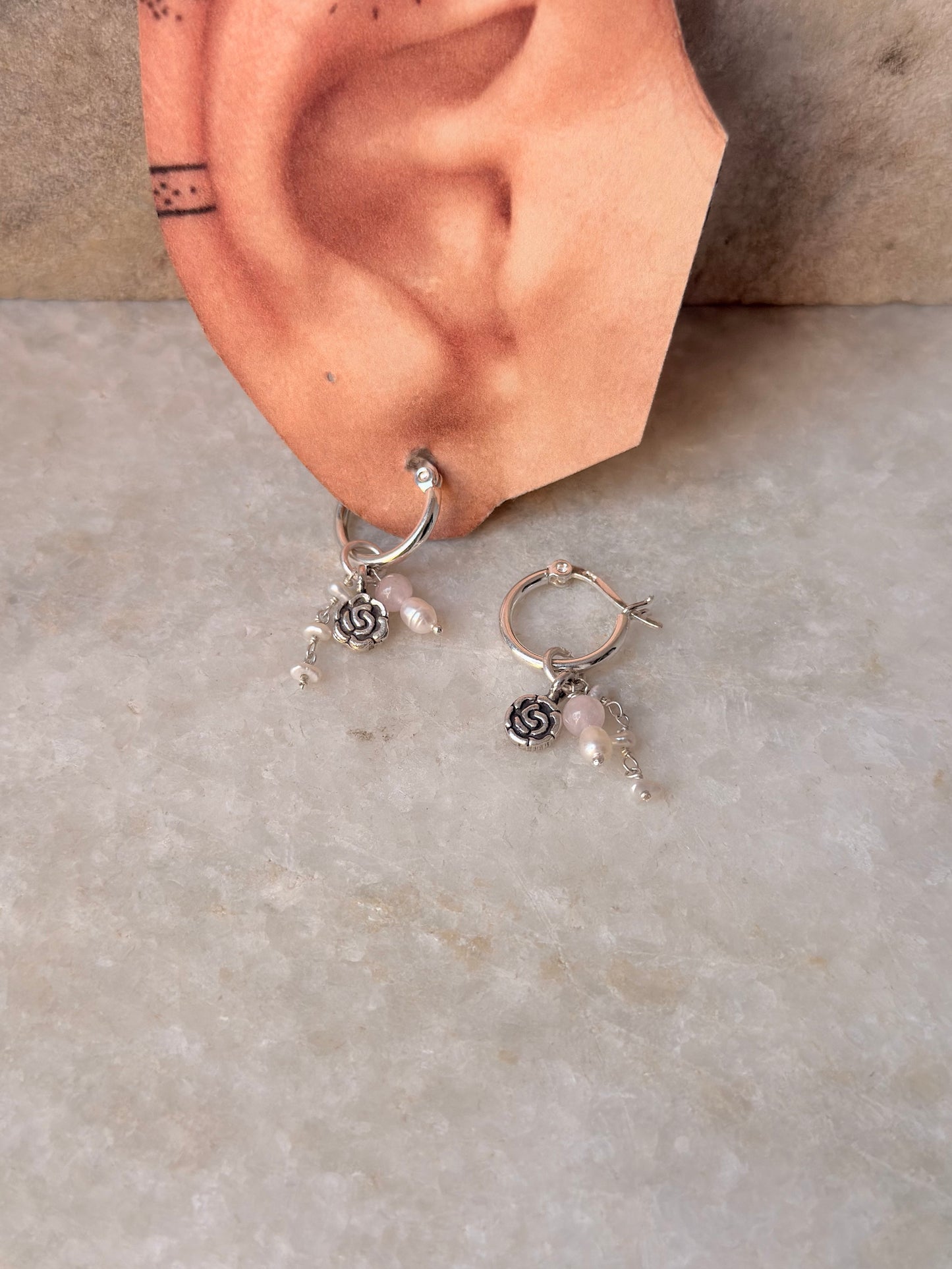 925 Sterling Silver Rose Quartz, Rose Beads & Pearl Italian Hoops