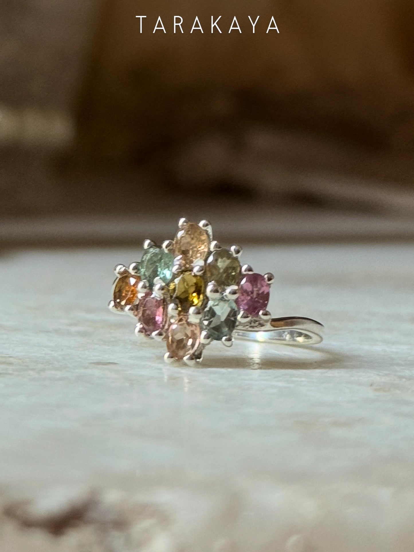 925 Sterling Silver Multi Tourmaline Flower Statement Ring