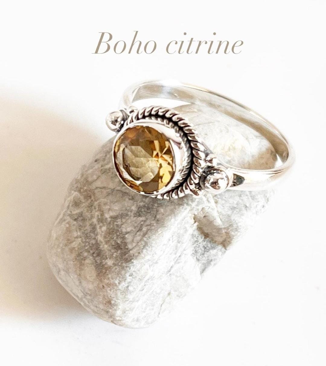 Citrine round boho silver ring with intricate design