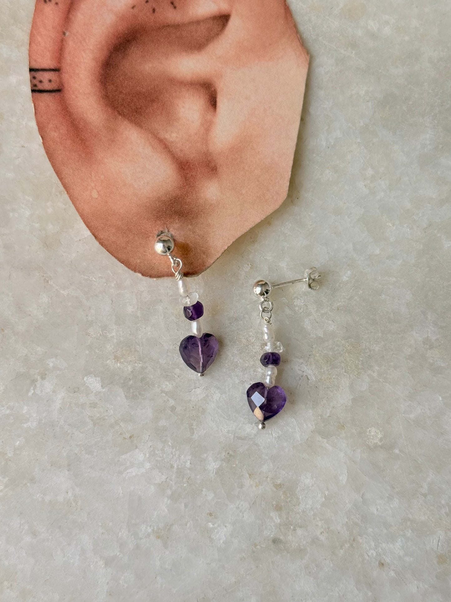 925 Sterling Silver Amethyst Heart, Clear Quartz & Pearl Stud Earrings