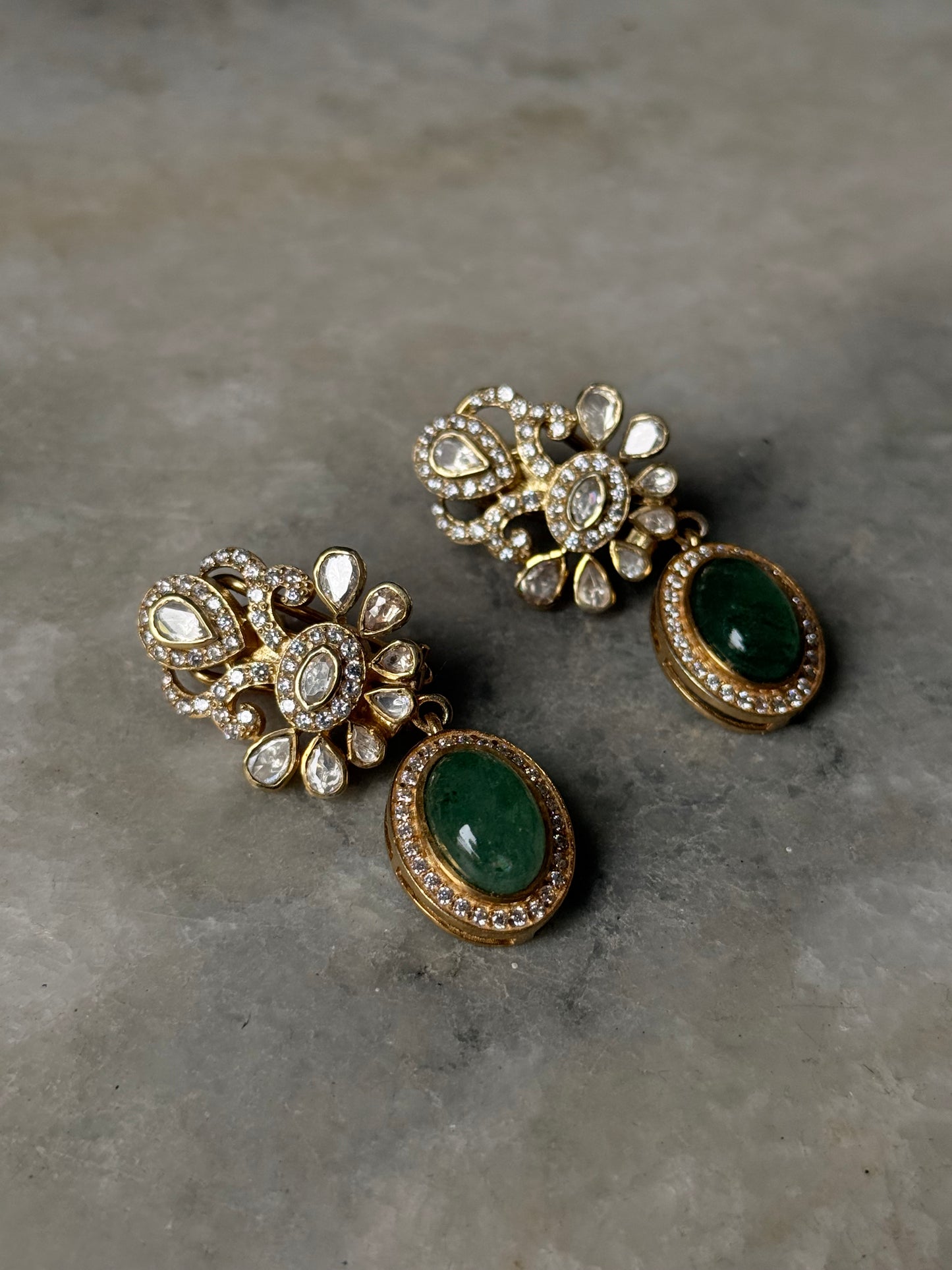 925 Sterling Silver Gold Plated Antique Moissanite Polki ,Green Onyx Oval Drop Earrings