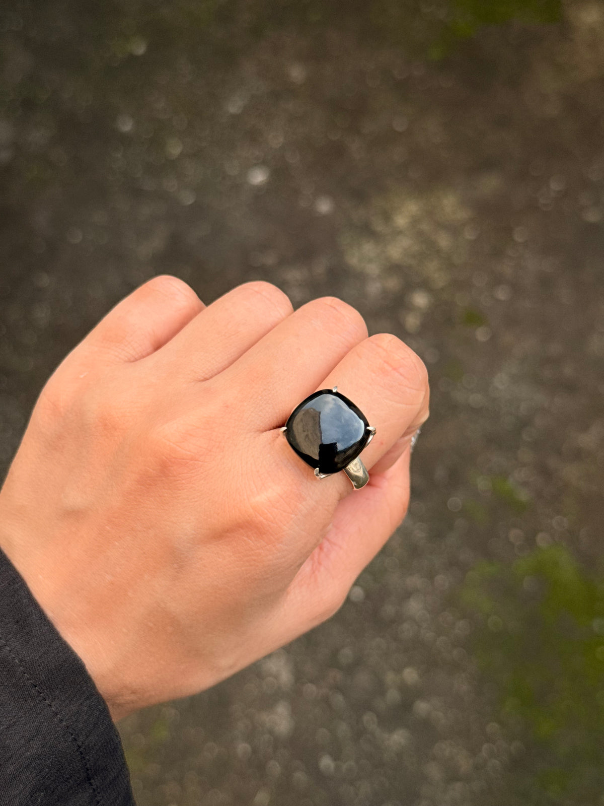 925 Sterling Silver Black Onyx Square Prong Setting Contemporary Style Ring