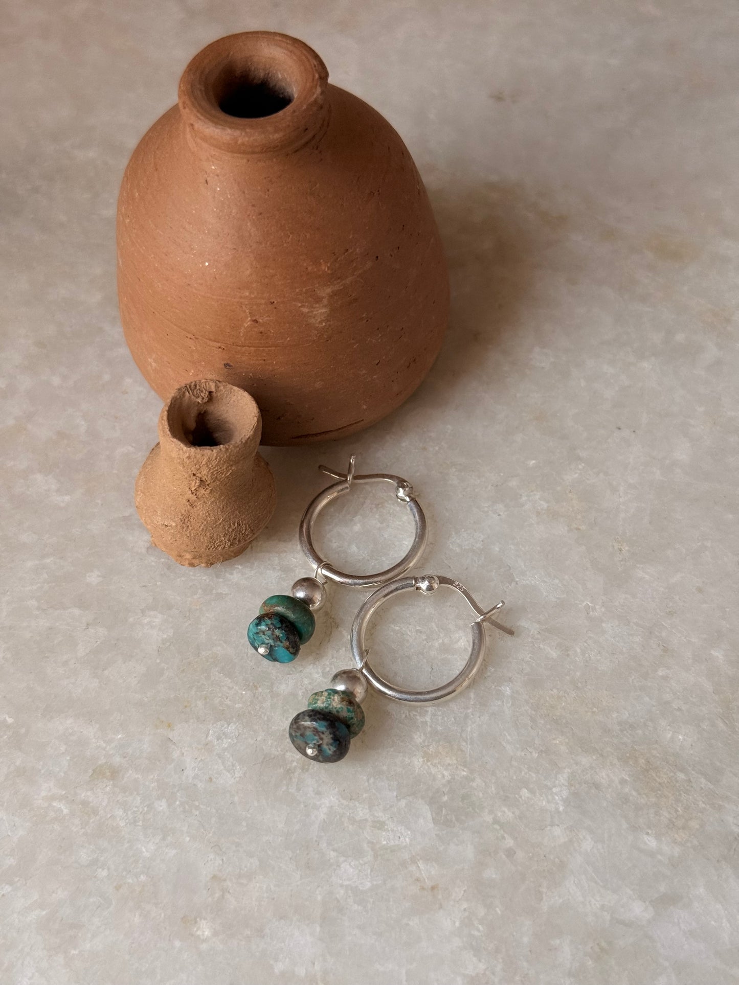 925 Sterling Silver Kingsman Turquoise With Silver Balls Tribal Handcrafted Italian Hoops