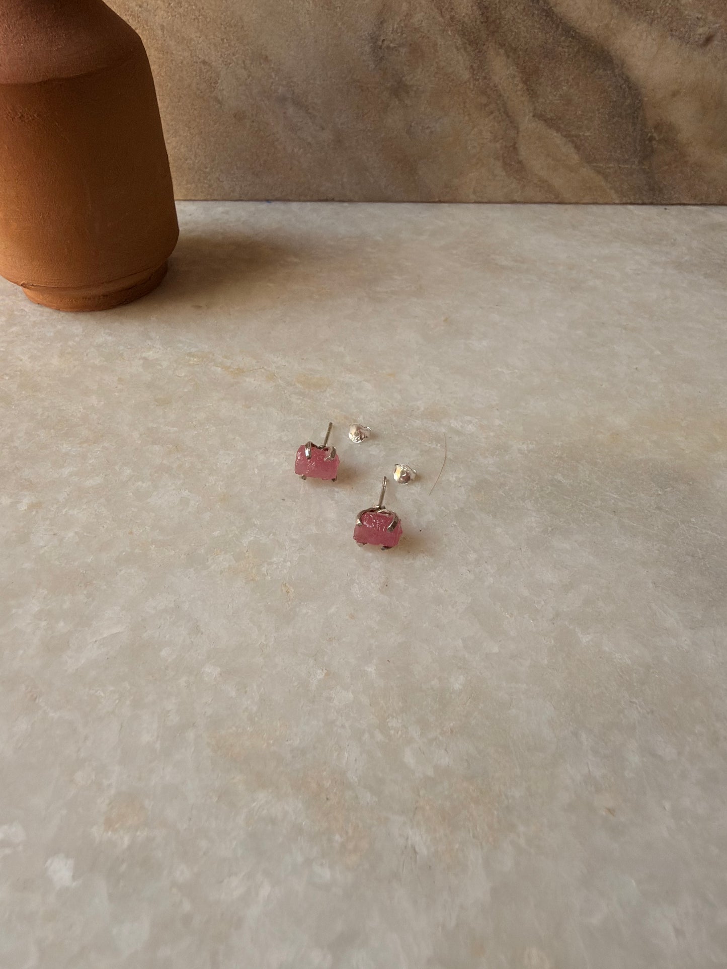 925 Sterling Silver Dyed Ruby Raw Uncut Prong Setting Studs Earrings