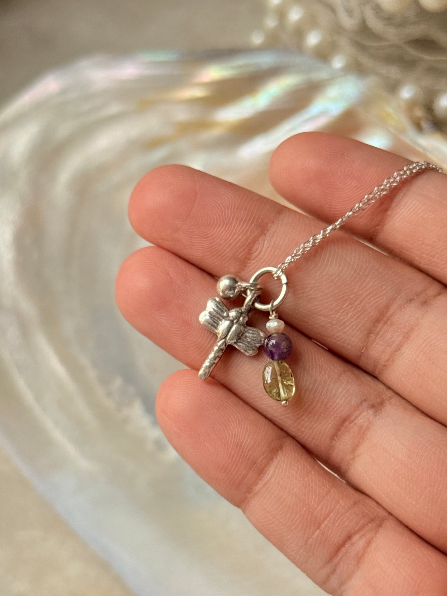 925 Sterling Silver Peridot, Amethyst Crystal Charms, Silver Dragonfly  & Ball Charm Dainty Chain Necklace