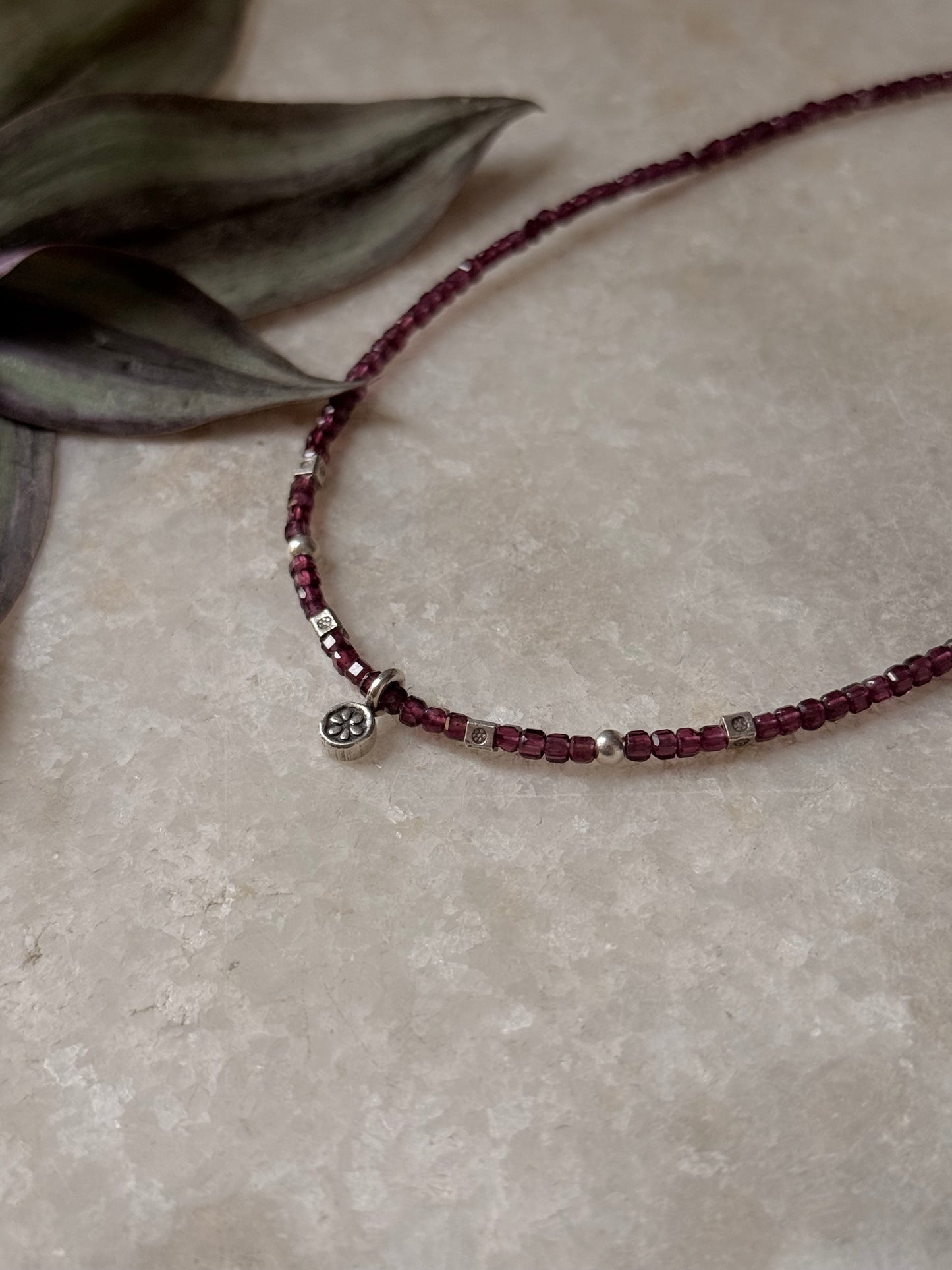 925 Sterling Silver Garnet Box 2mm Flower Charm Necklace