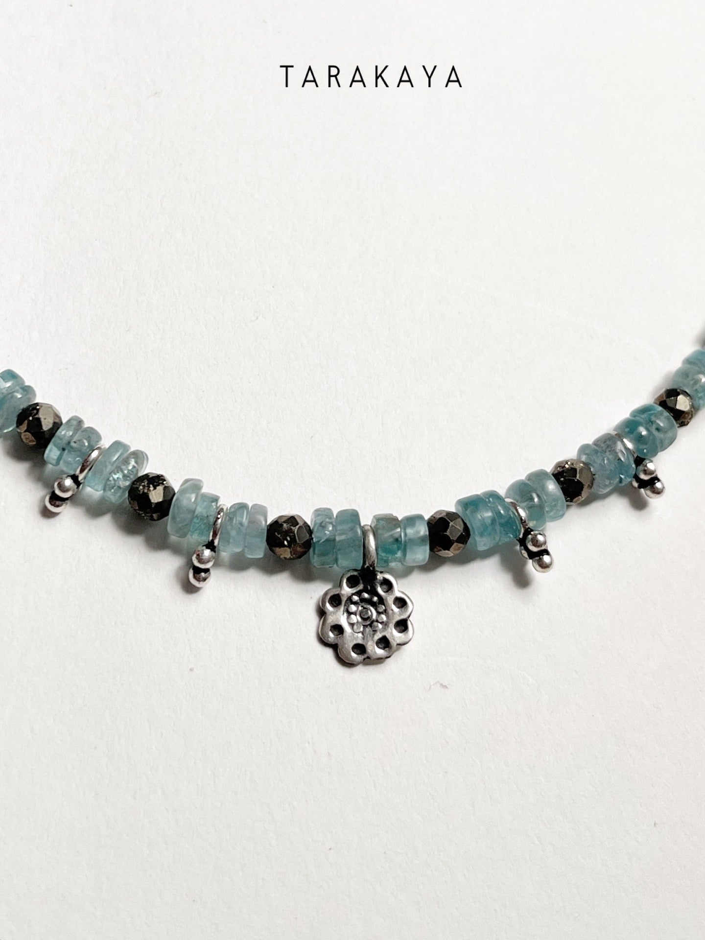 Blue Apatite & Pyrite Silver Charms Boho Choker Handcrafted Sterling Silver 925 Necklace