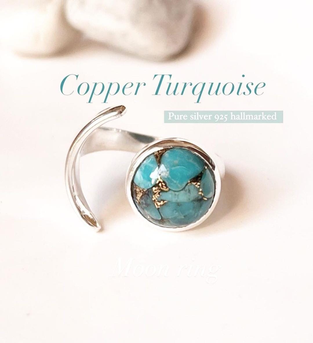 Copper turquoise moon adjustable silver ring with unique design