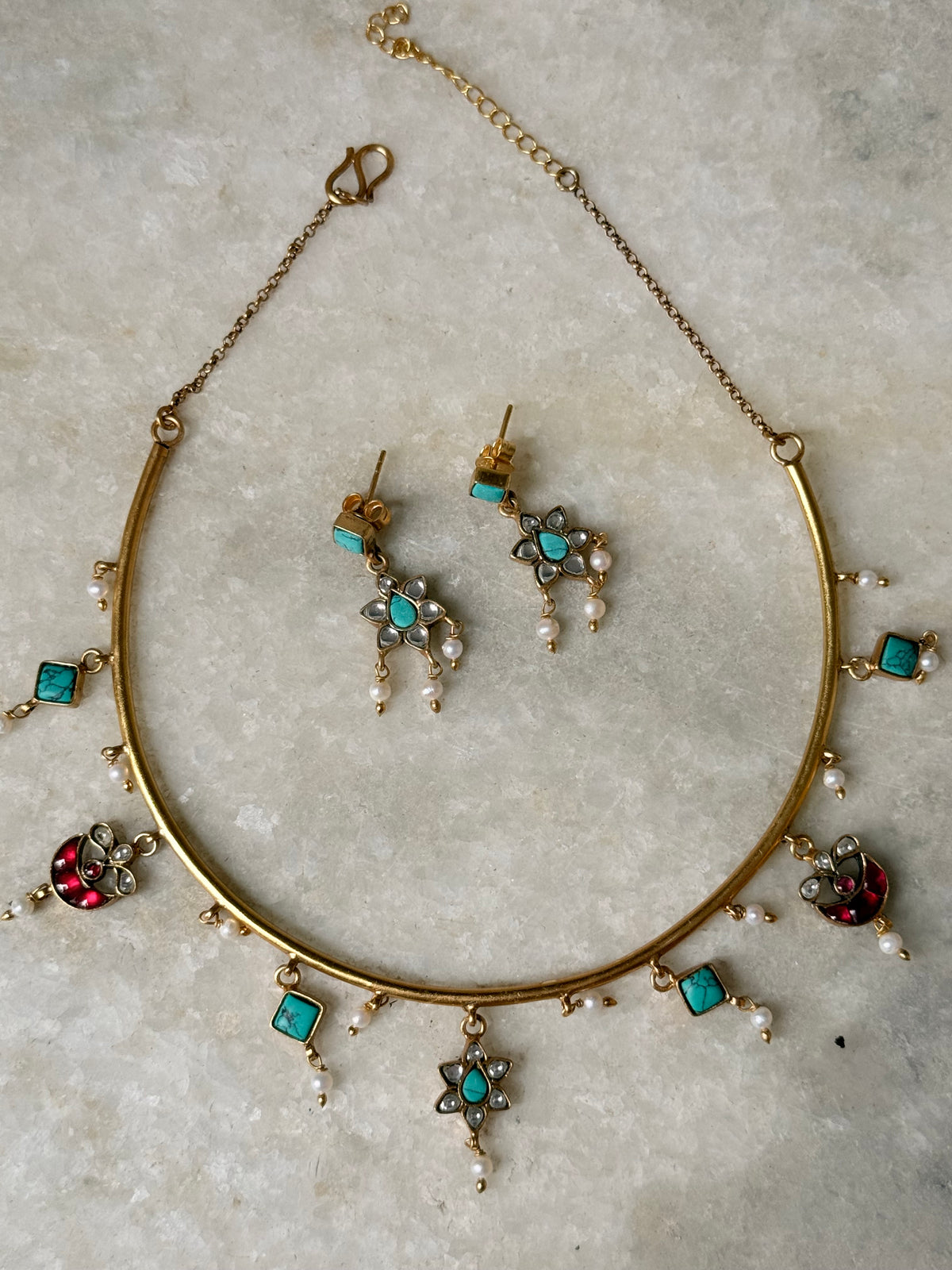 925 Sterling Silver Turquoise , Red Stones ,Fresh Water Pearls & Kundan Polki Handcrafted Gold Plated Necklace